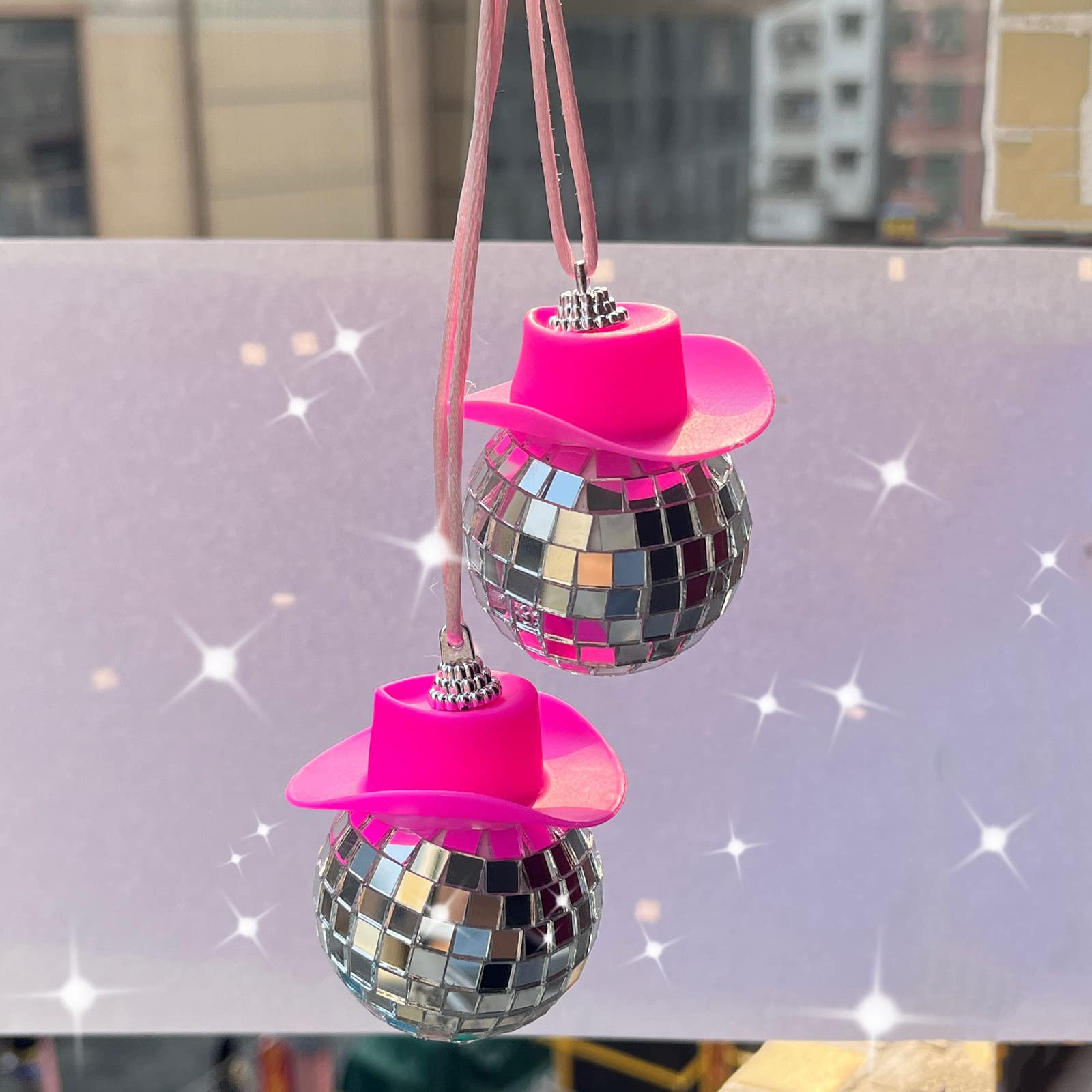 Spansee 2 Pcs Pink Disco Ball Cowboy Hat Car Accessory, Ball, Charm, Accessories For Women, Mini Car, Mirror Ornament