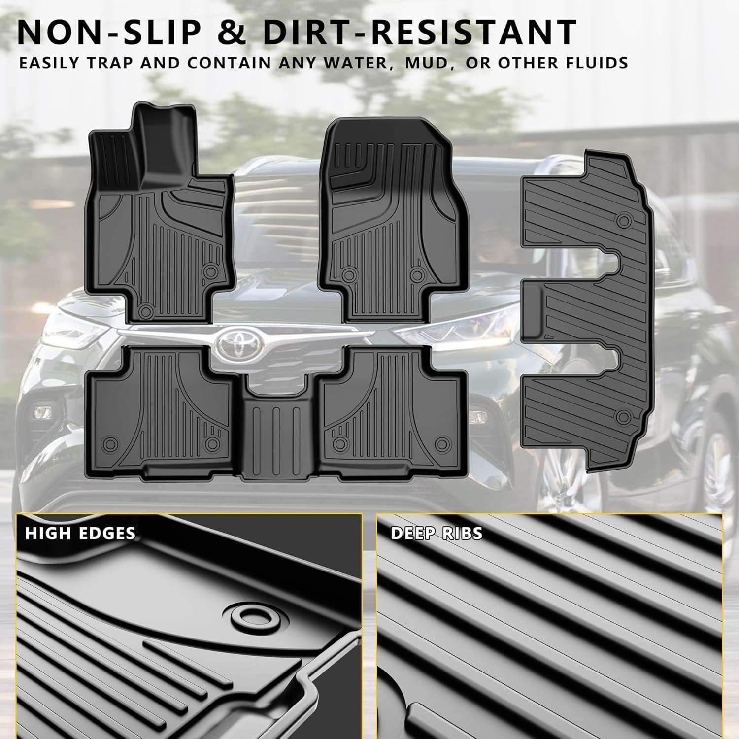 AOMSAZTO Heavy Duty TPE Floor Mats for 2020-2026 Toyota Highlander, 3 Rows, Black, Model FM-TO-012-5-ZH-2-A