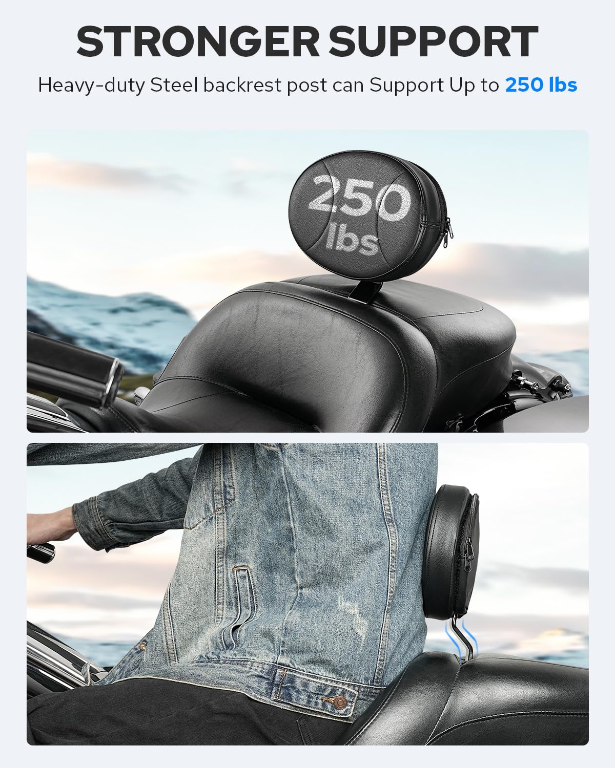 Benlari Adjustable Driver Backrest for Harley Davidson Touring Models, Steel & PU Leather, Black, Model DB-DTE45, 1997-2024