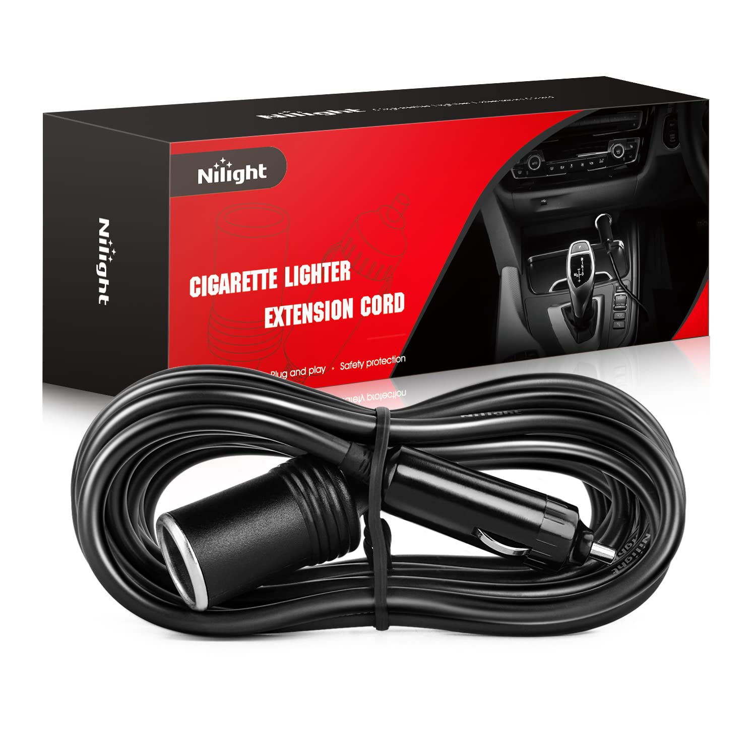 Nilight Ni-Wa-01C Cigarette Lighter Extension Cord Cable Heavy Duty 14Ft 12V/24V Car Charger With Cigarette Lighter Socket