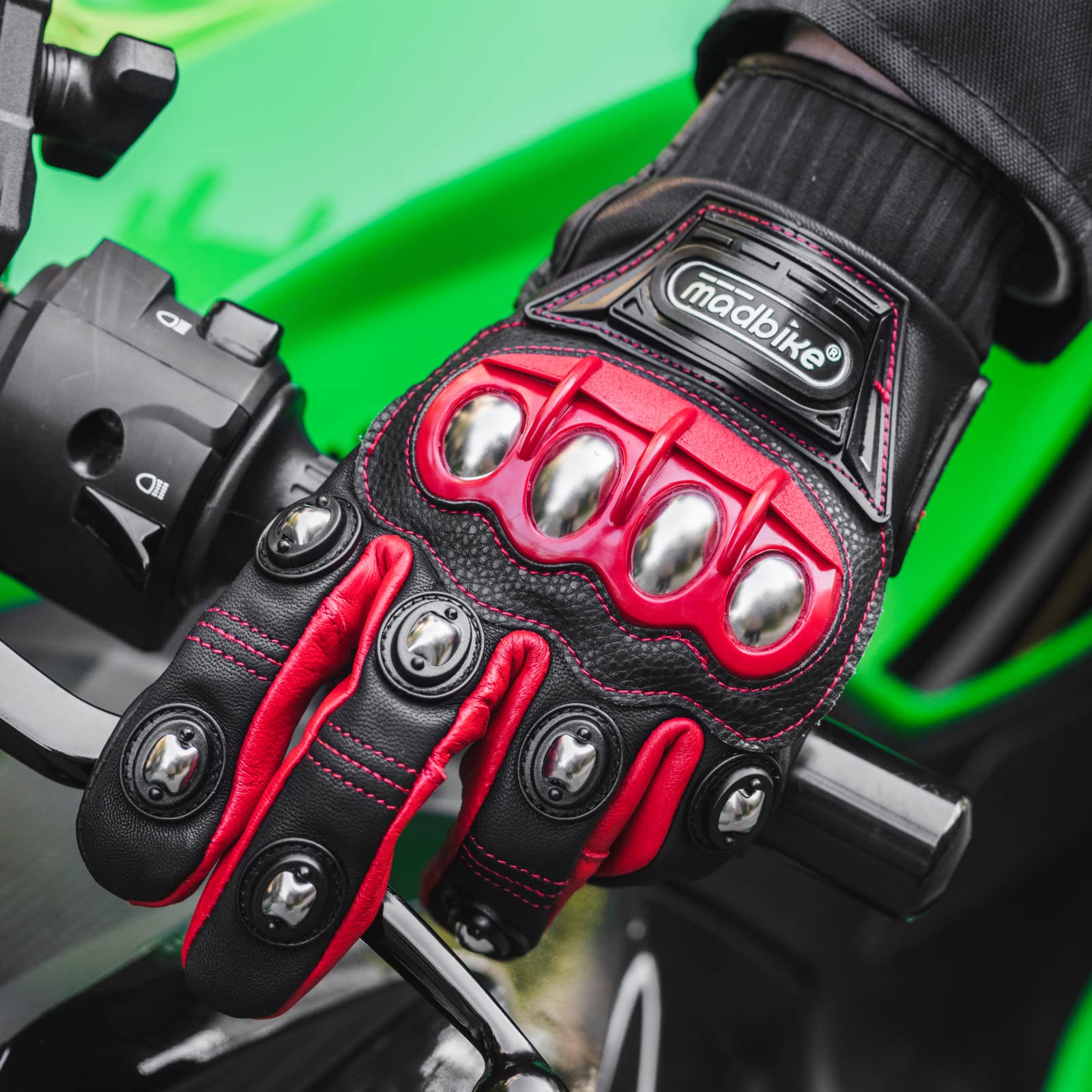 Ilm Alloy Steel Leather Hard Knuckle Touchscreen Motorcycle Bicycle Motorbike Powersports Racing Gloves (L, (Leather) Red) Model