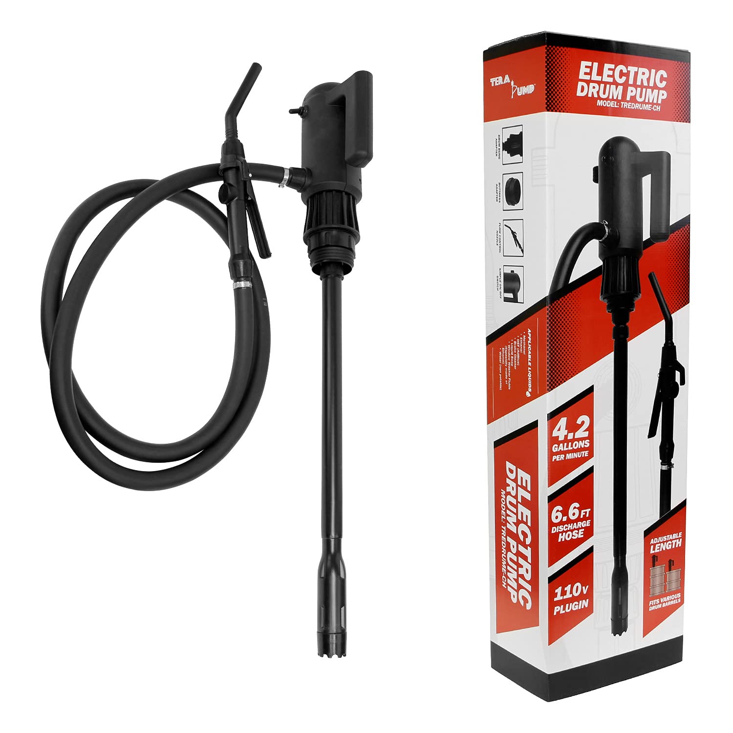 TERA PUMP Telescopic Chemical Plug-in Electric Barrel Pump (4.2-GAL/MIN) for Methanol, Ethanol, DEF(AdBlue), Window Washer Fluid