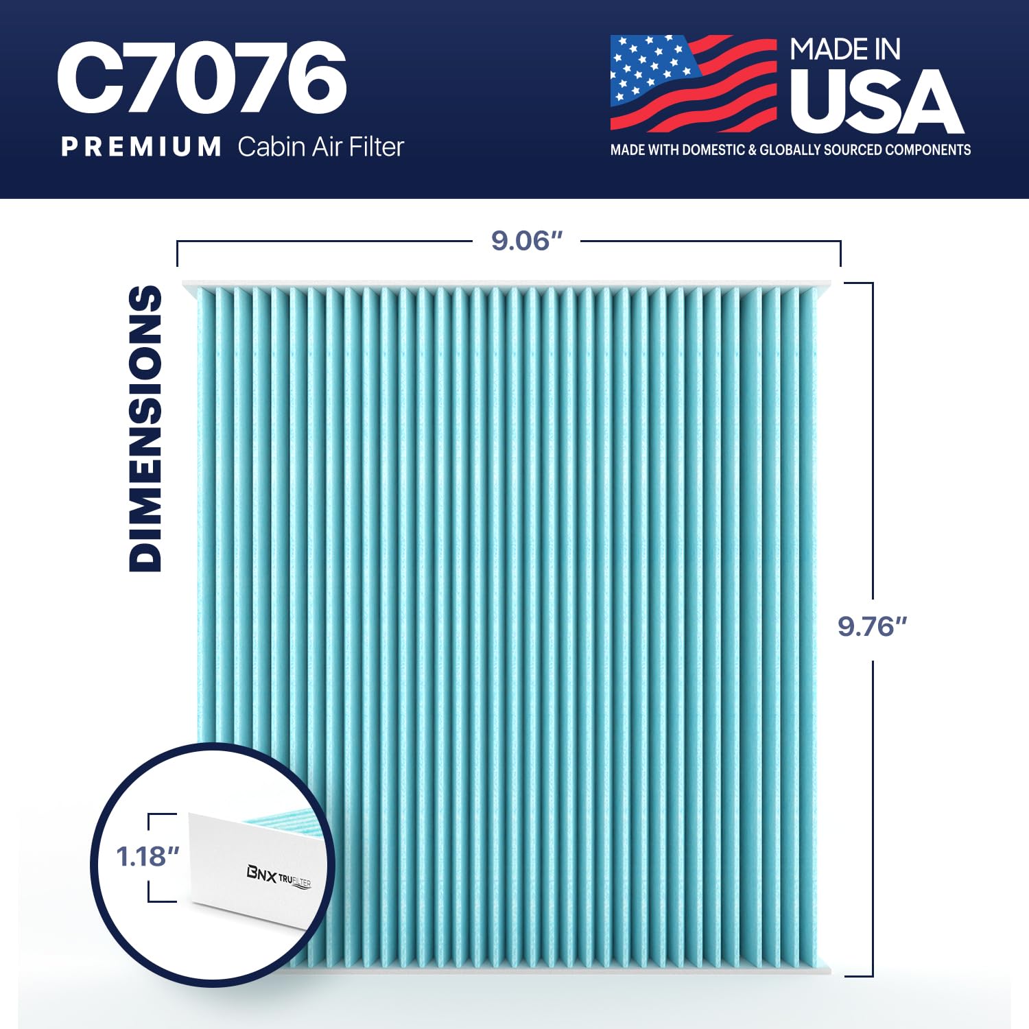 Bnx Trufilter C7076 Cabin Air Filter, Hepa 99.97%, Made In Usa, Compatible With Cadillac: Escalade; Chevrolet: Silverado, Suburb