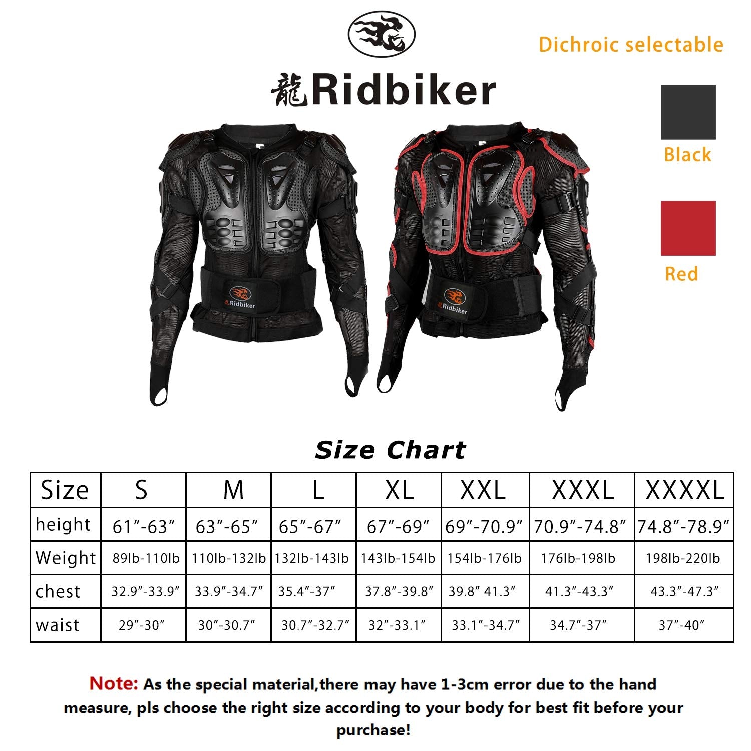 Ridbiker Motorcycle Full Body Armor Protector Removable Racing Jacket Motocross Spine Chest Motocross Protective Shirt (Black, S