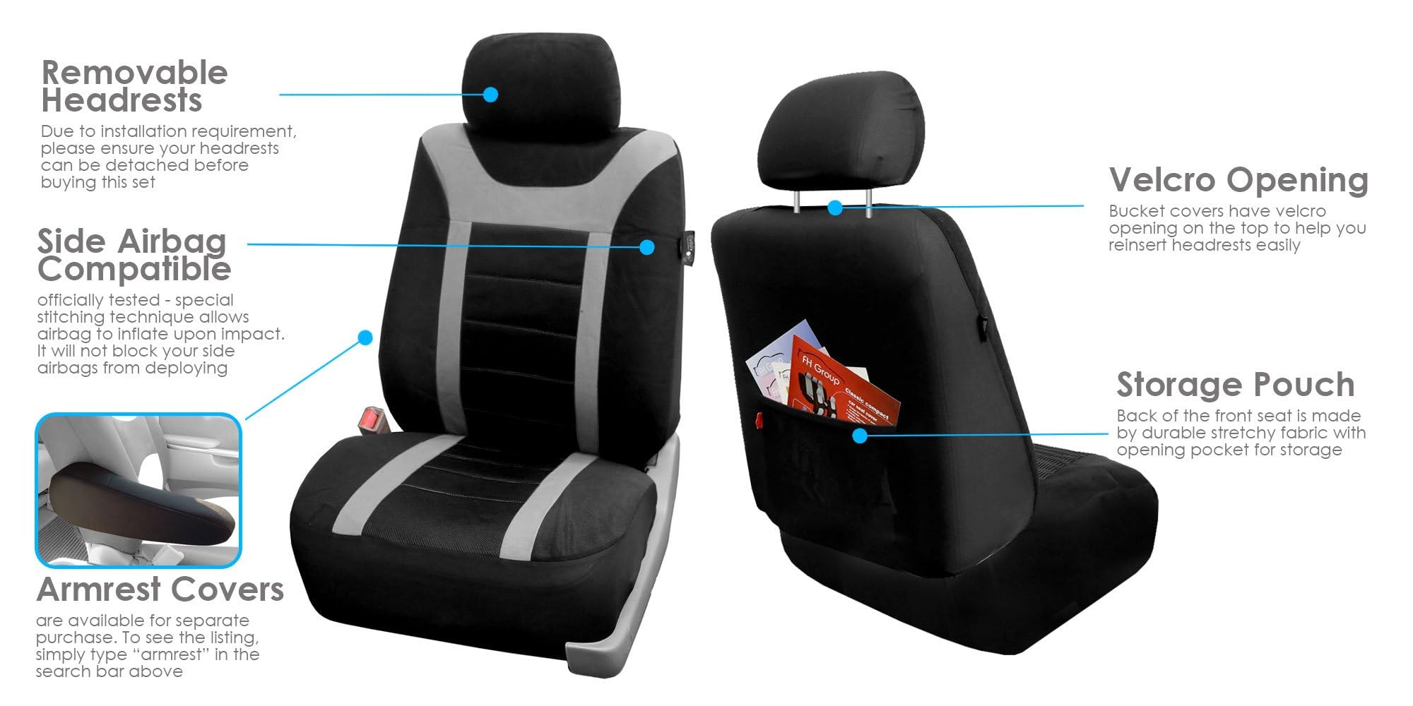 Fh Group Car Seat Covers Sports Fabric Pair Set Airbag Compatible Easy Installation Universal Fit For Cars Trucks And Suvs (Gray
