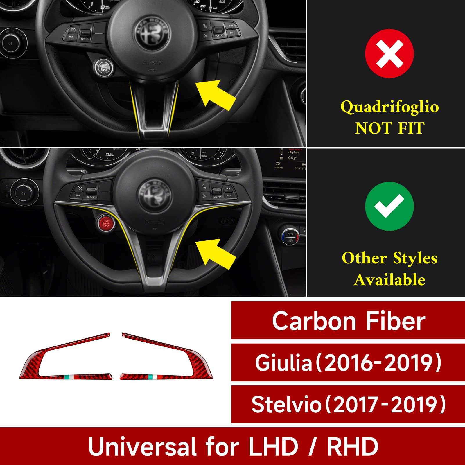 2Pcs Car Steering Trim Sticker Cover Carbon Fiber Decal Fits For Alfa Romeo Giulia 952 Stelvio 949 2016 2017 2018 2019 Interior