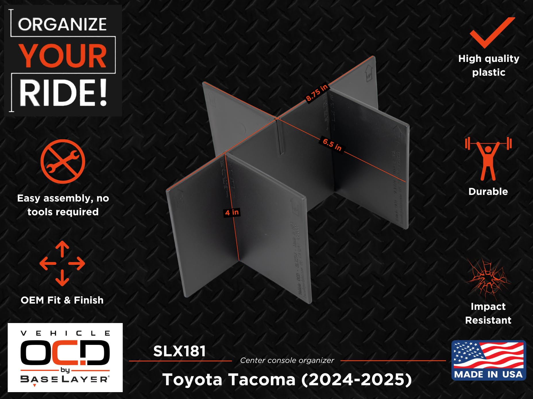Vehicle Ocd - Center Console Divider, Tray, And Glove Box Organizer For Toyota Tacoma (2024-2025) - Made In Usa - (Not For Tacom