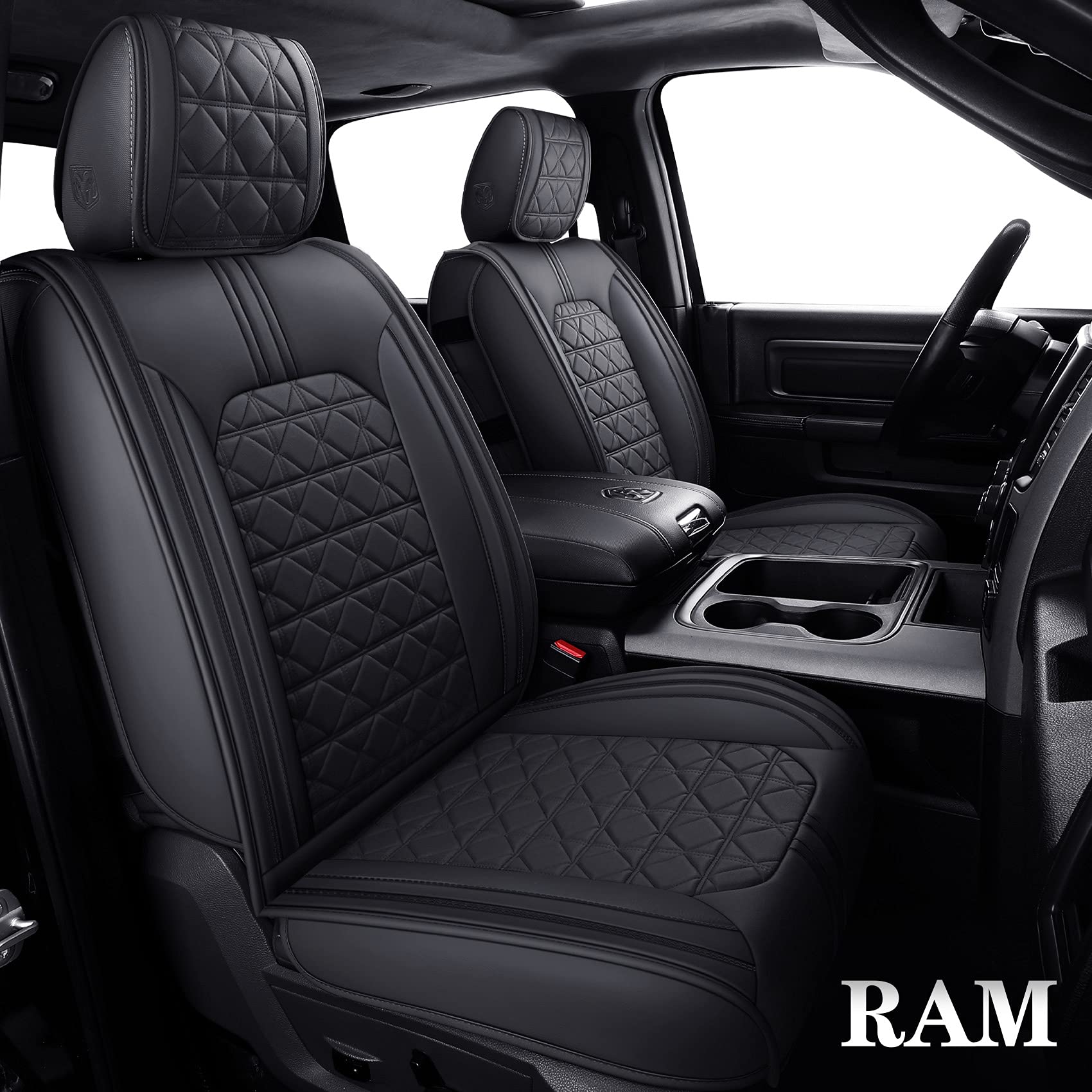Yiertai Dodge Ram Seat Covers Fit For 2009-2025 1500Hd 2010-2025 2500/3500Hd Truck Full Set Crew Double Cab Quad Cab Waterproof Faux Leather Seat Covers(5 Pcs Full Set/Black)