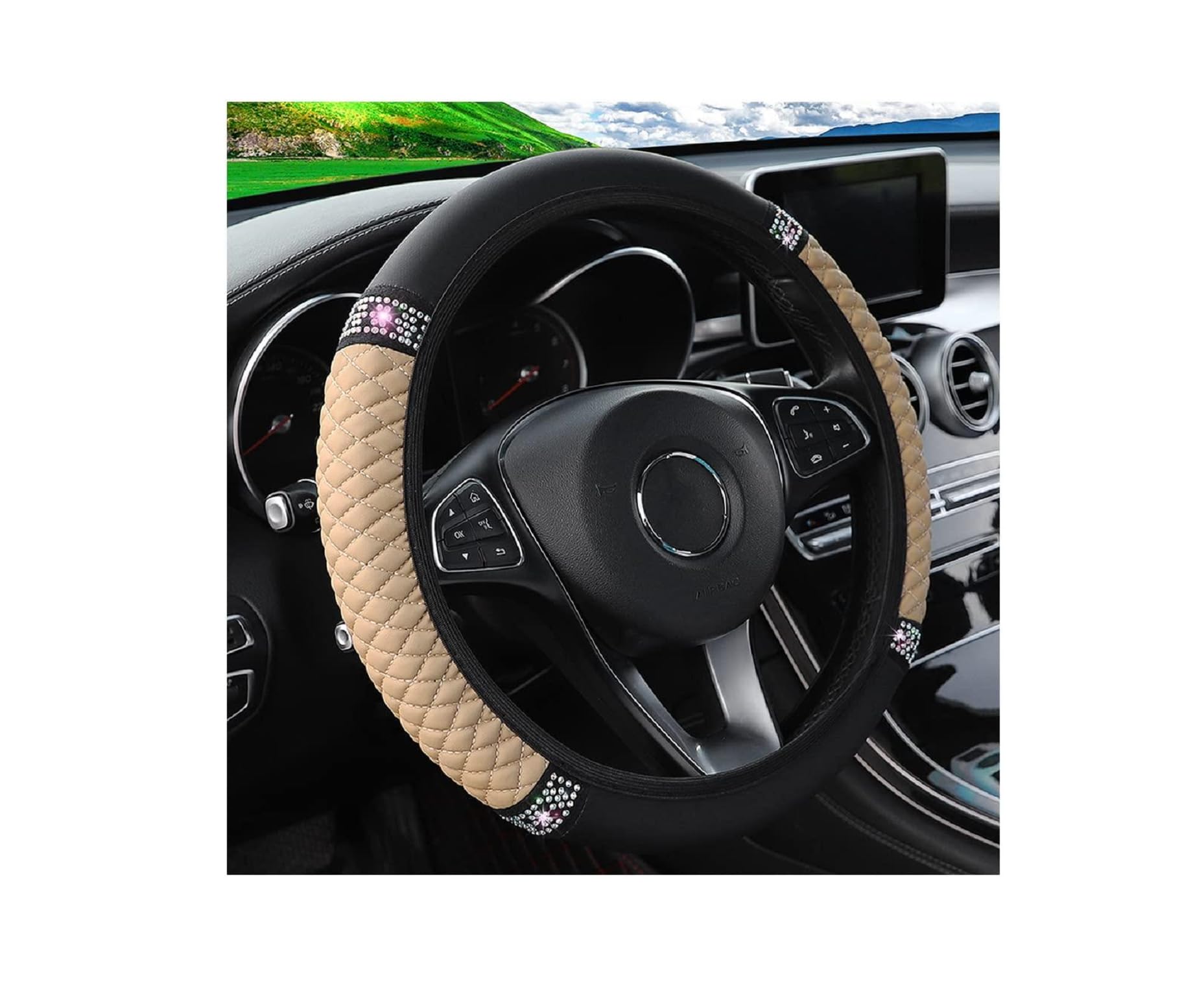 Bling Leather Steering Wheel Cover, Colorful Rhinestones Elastic Steering Wheel Protector, Pu Soft Leather With Crystal Diamond, Sparkling Car Accessories For Most Cars (Beige)