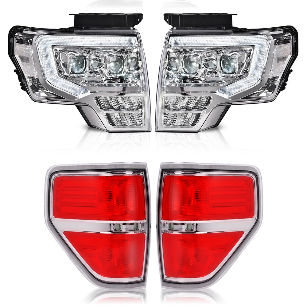 CNNELL Left + Right Side Tube Dual Projector Headlights & Tail lights Compatible with Ford F150 2009 2010 2011 2012 2013 2014 DL