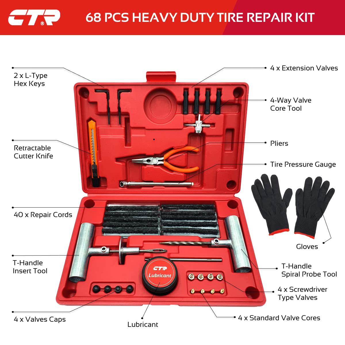 CTR Heavy Duty Tire Plug Kit - 68pcs Universal Tire Repair Tools for Cars, Trucks, RVs, ATVs, Motorcycles - Model GE0001