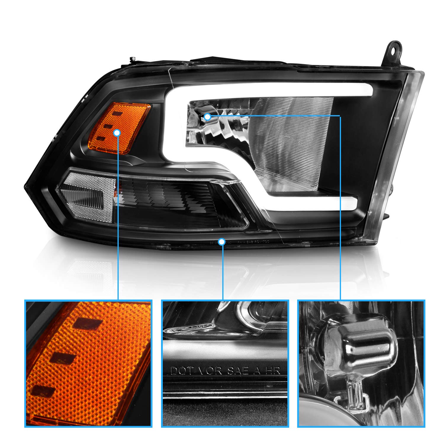 AmeriLite LED Bar Black Replacement Headlights for 2009-2018 Dodge Ram 1500 2500 3500 - Driver & Passenger Side Pair