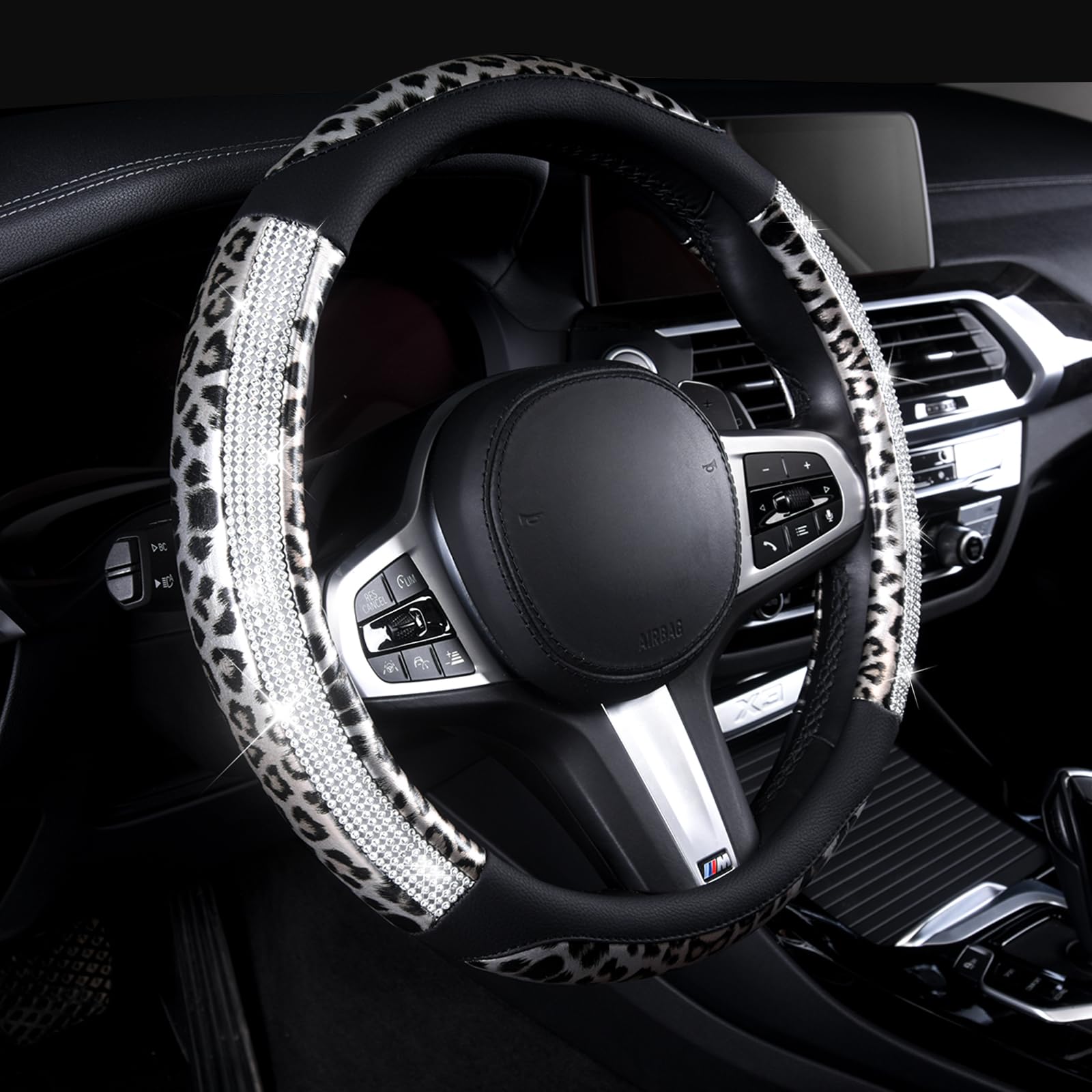 Autoyouth Leopard & Cheetah Print Steering Wheel Cover - Bling Crystal Rhinestones On Leather Non-Slip Breathable Design For Wom