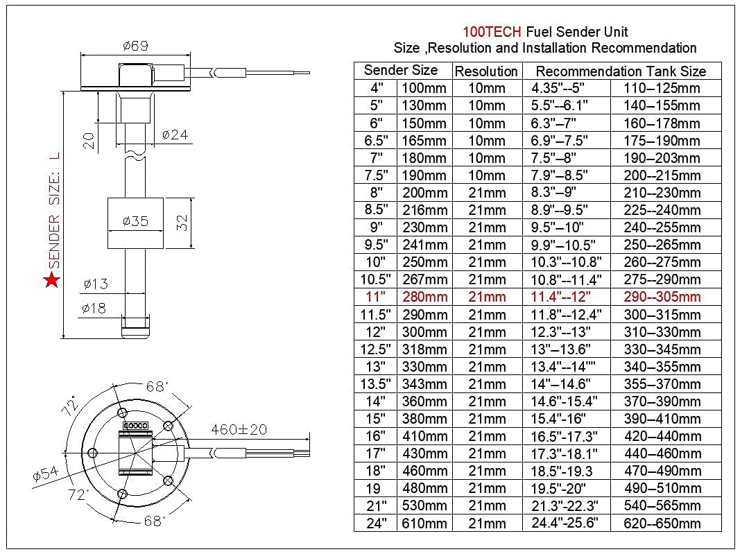 100TECH Boat Fuel Sending Unit with Gauge 11''(280mm) SUS316 Stainless Steel Marine Fuel Level Sender Fuel Sender Unit Gas Tank