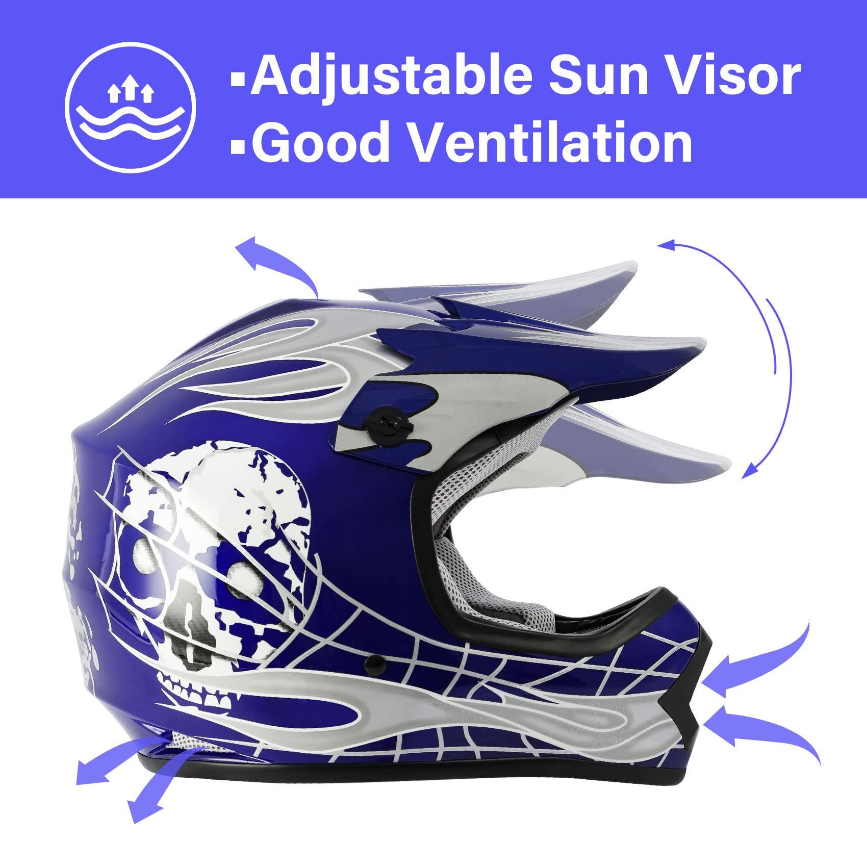 XFMT Youth Motocross Helmet with Goggles & Gloves, Small, Blue Skull, Durable ABS Material