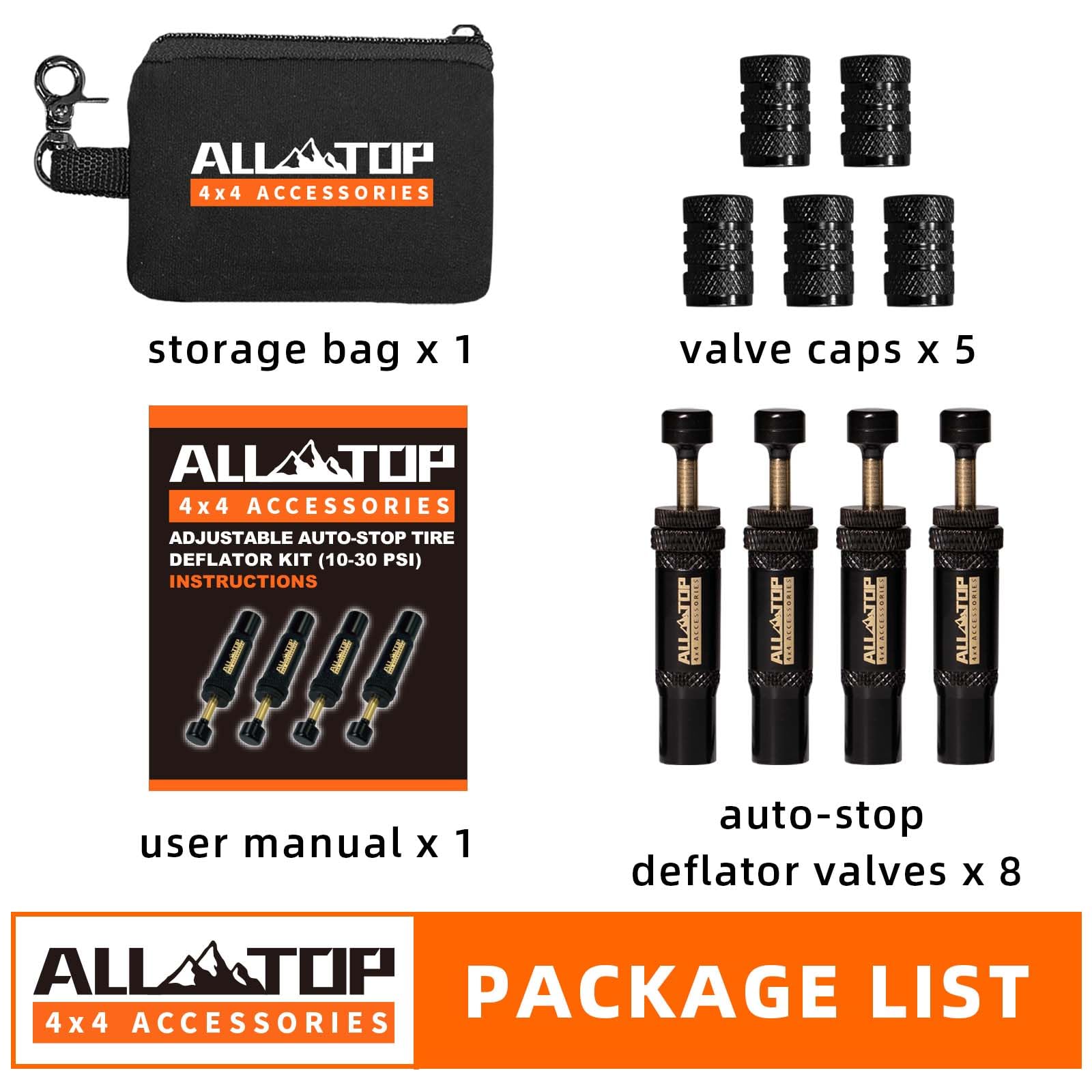 All-Top Adjustable Auto-Stop Tire Deflator Valve Kit (10-30 Psi) 8 Pcs Screw-On Tyre Air Down Tool For Offroad 4X4 (With 5 Valve