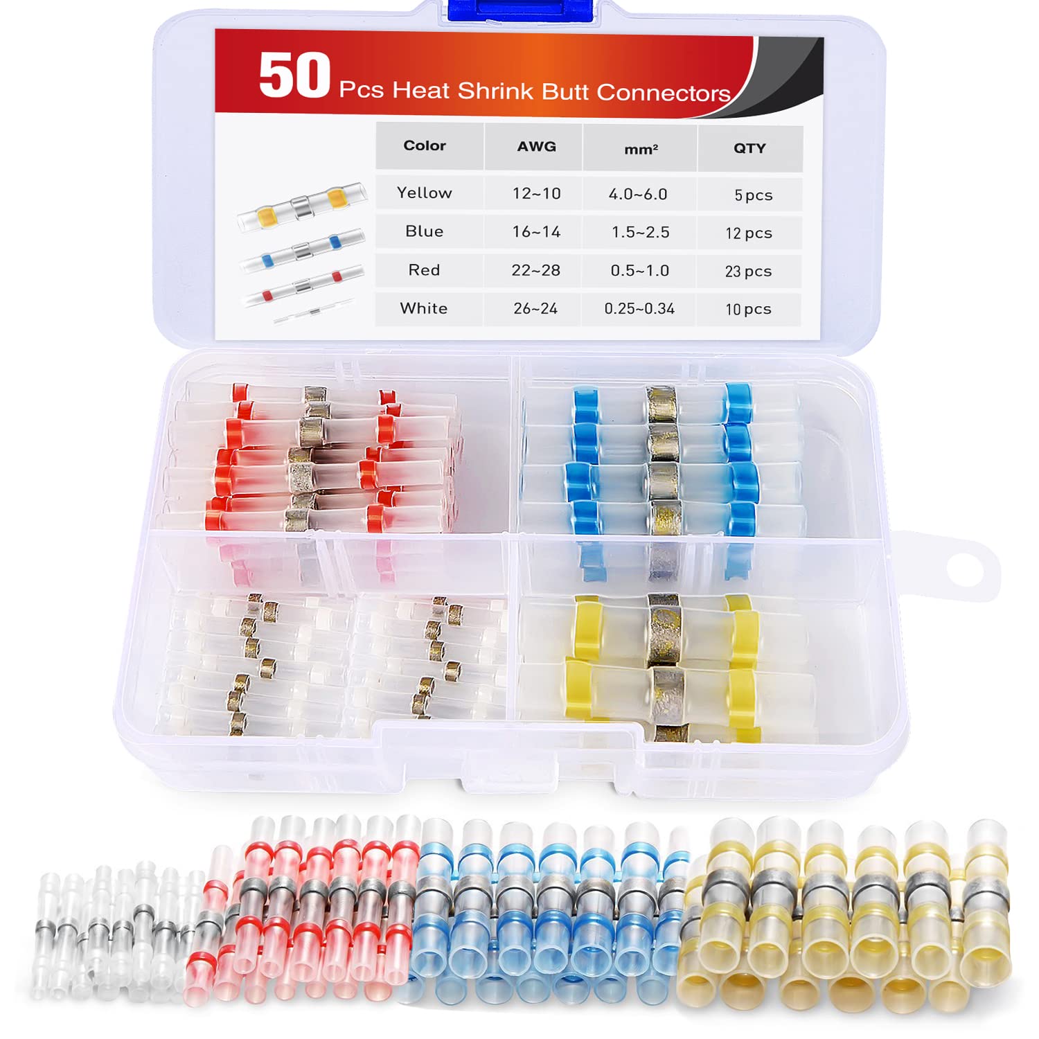 Nilight - 50025R 50pcs Solder Seal Wire Connector, Solder Seal Heat Shrink Butt Connectors,Electrical Waterproof Insulated Marin