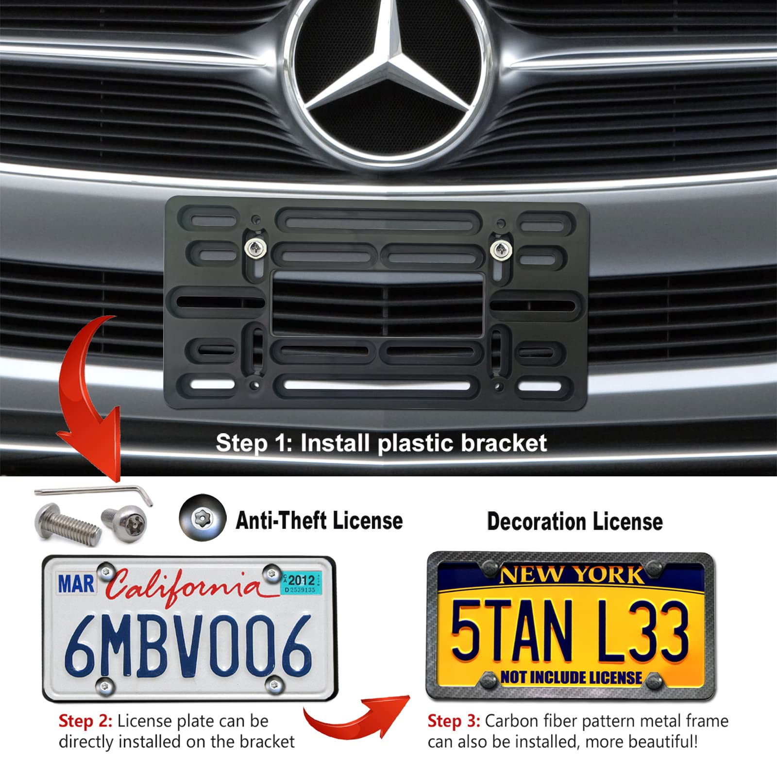 Aootf Front License Plate Bracket- Universal Front Bumper License Plate Mounting Kit, Car Tag Holder Adapter& Carbon Fiber Plate Cover, Anti-Theft Lock Screws, Caps, Nuts, For Us Vehicle Trailer Truck