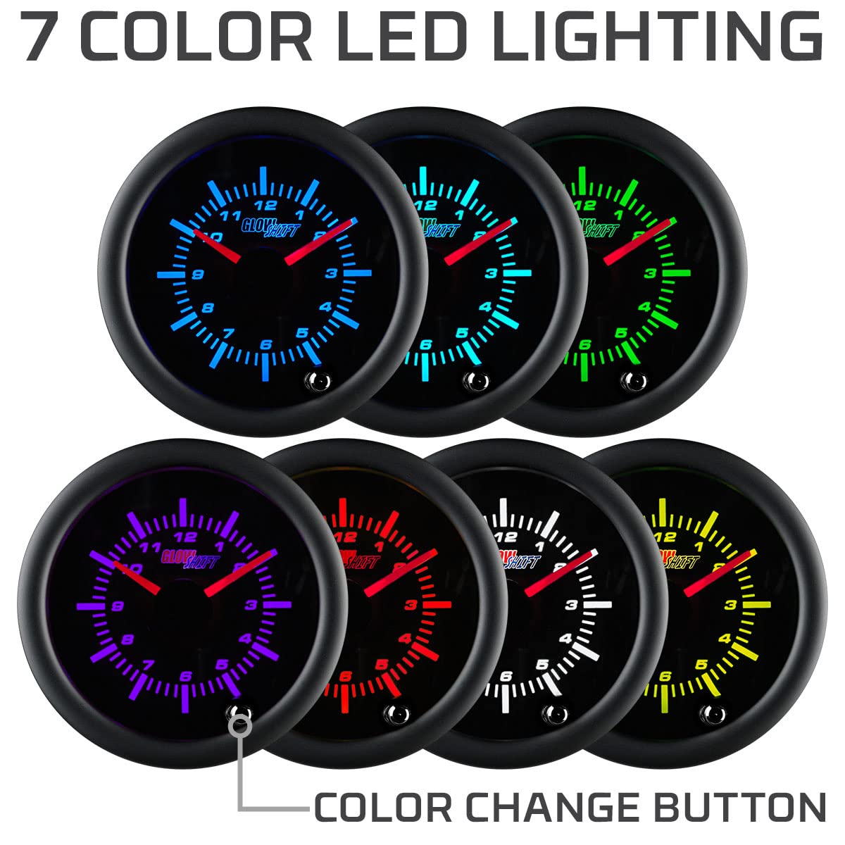 Glowshift Tinted 7 Color Analog Clock Gauge - Black Dial - Smoked Lens - 2-1/16'' 52Mm