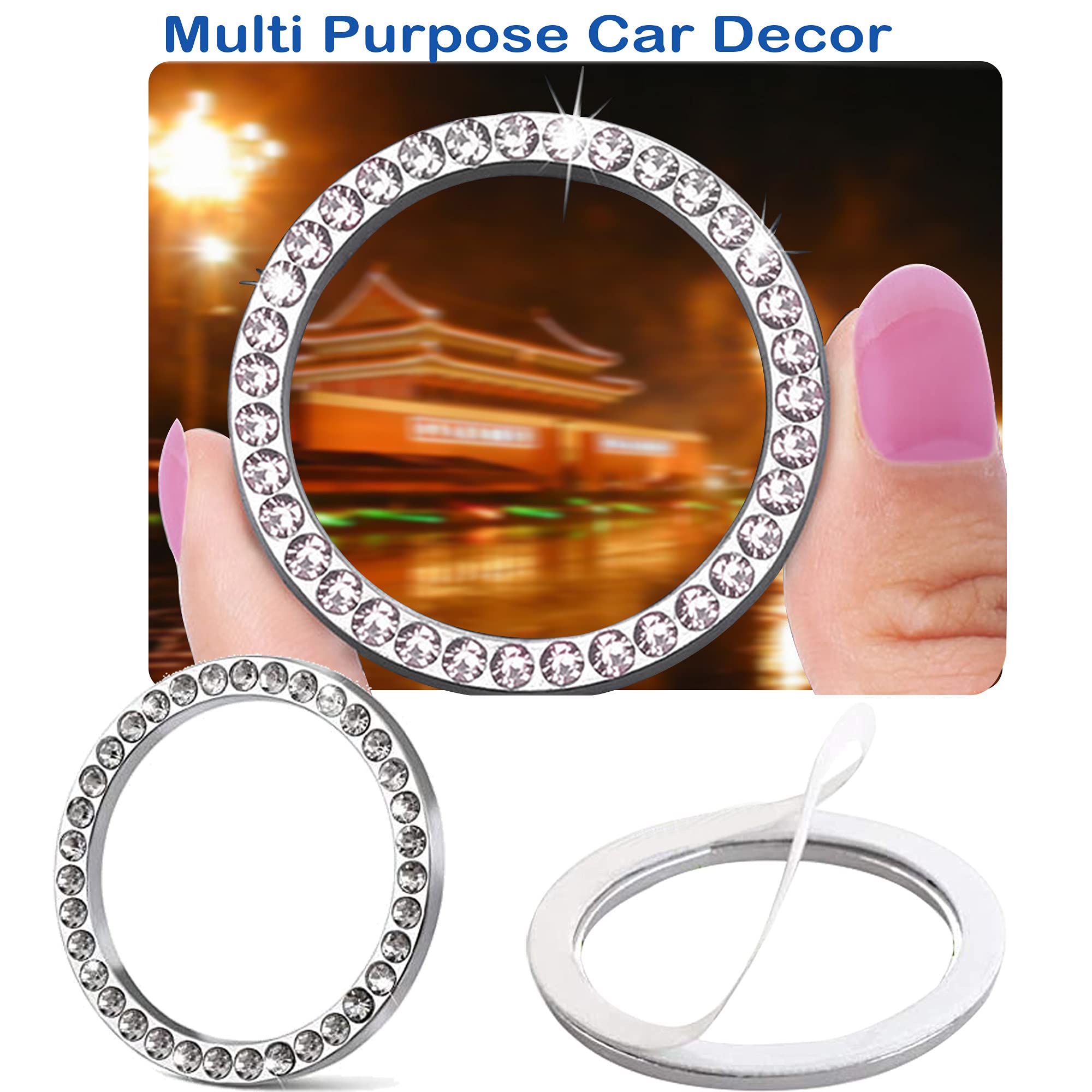 Orrdice 4Pcs Crystal Rhinestone Ring For Car Decor, Car Volume And Tune Knobs Ring Emblem Sticker,Auto Engine Start Stop Decorat