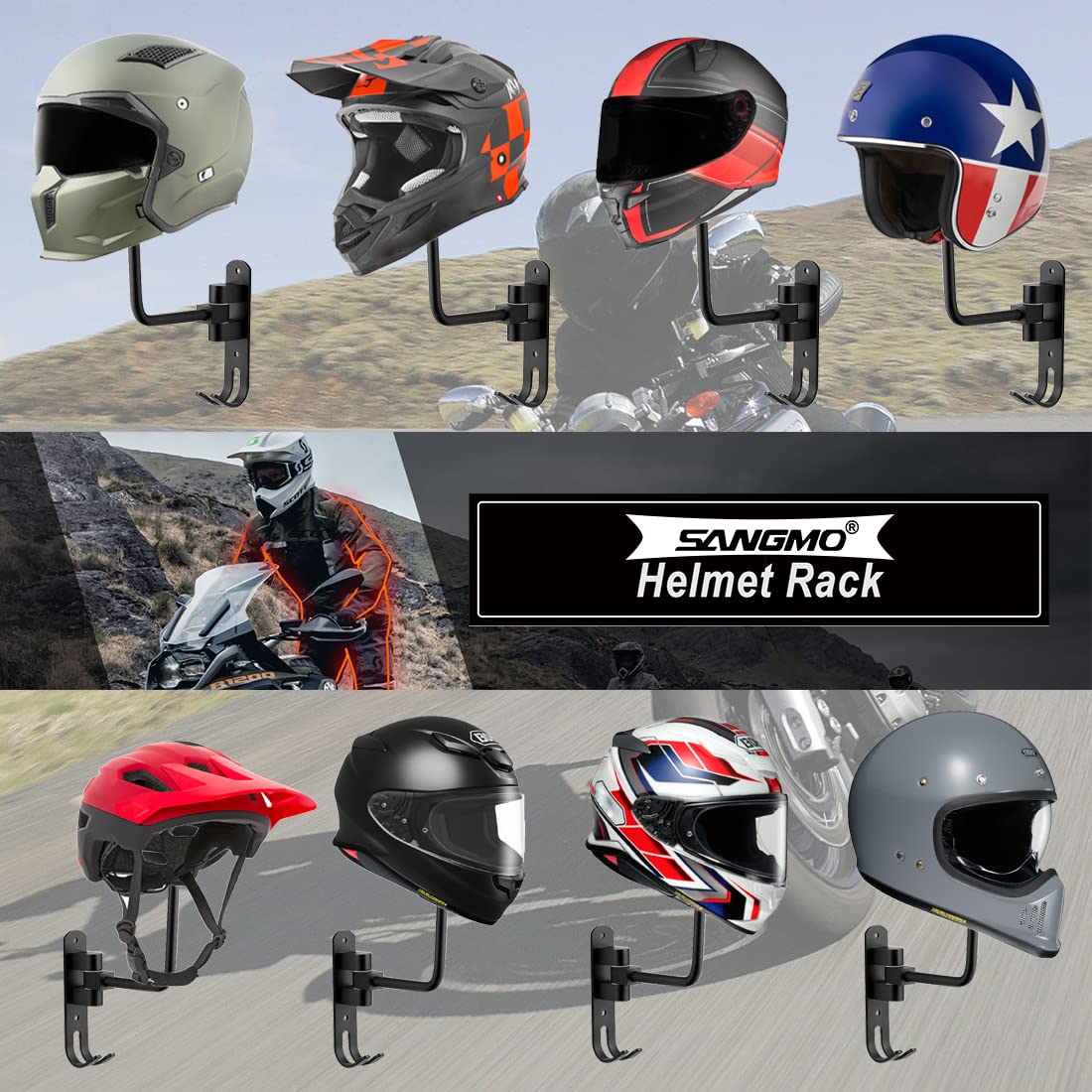 SANGMO 6 Pack Metal Motorcycle Helmet Holder Wall Mount, Black, 180° Rotation with Hooks for Helmets, Coats, Caps, and Baseballs