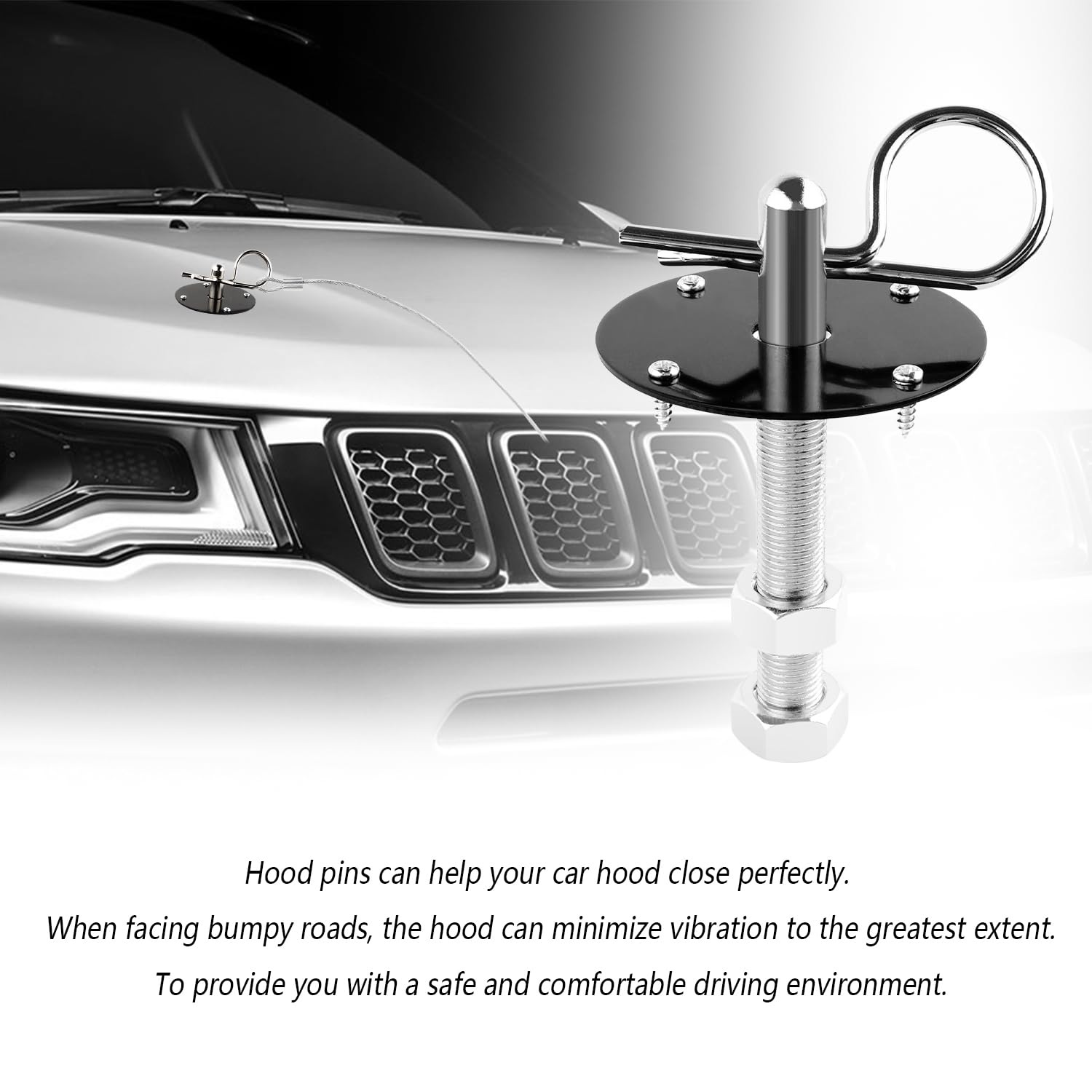Hood Pins Kit for Car - Stainless Steel Hood Pin Lock Clip with Racing Lanyard for Fixing Car Hood Cover & Reduce Shaking - Univ