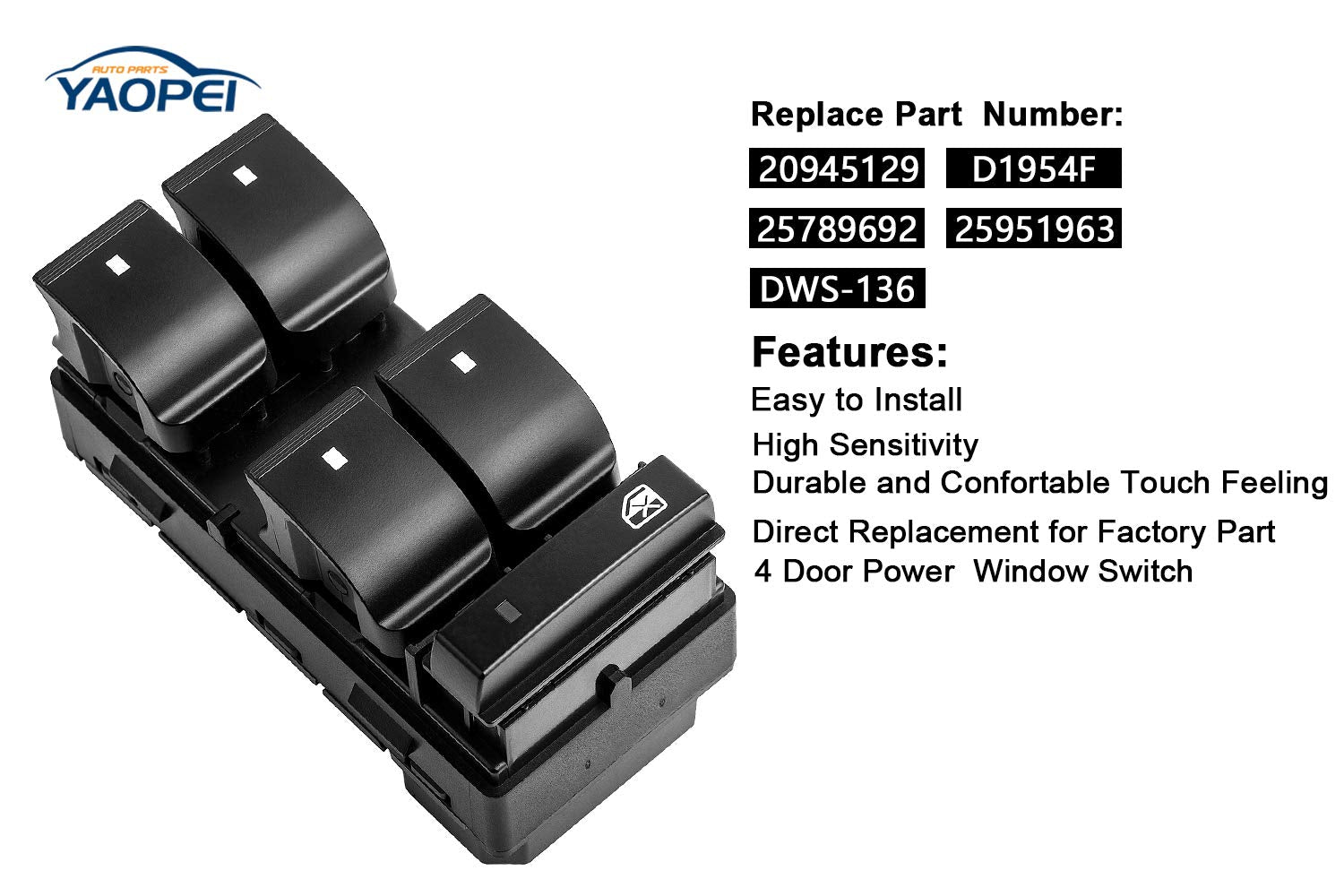 YAOPEI Driver Side Master Power Window Switch 20945129 Black for 2007-2013 Chevy Silverado GMC Sierra Yukon HHR 1500 2500HD 3500HD