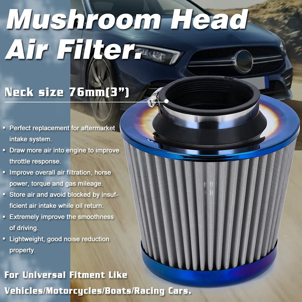 Ptnhz Universal Burnt Blue Neck 3 76Mm Car High Flow Cold Air Intake Air Filter Power Intake Air Inlet System Mushroom Head Air Cleaner