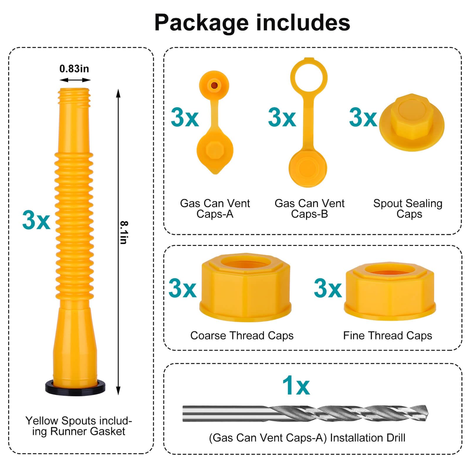 BESOTDN Gas Can Spout Replacement Kit, Yellow, Flexible Nozzle, Includes 3 Coarse & 3 Fine Thread Caps, High Density Polyethylene