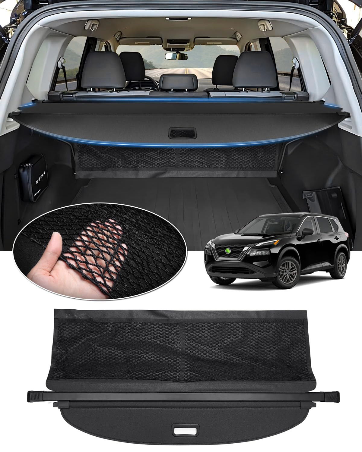 Automiim Cargo Cover for Nissan Rogue 2024 2023 2022 2021 Accessories, Rogue Trunk Cover with Extra Storage Net, Retractable Sec