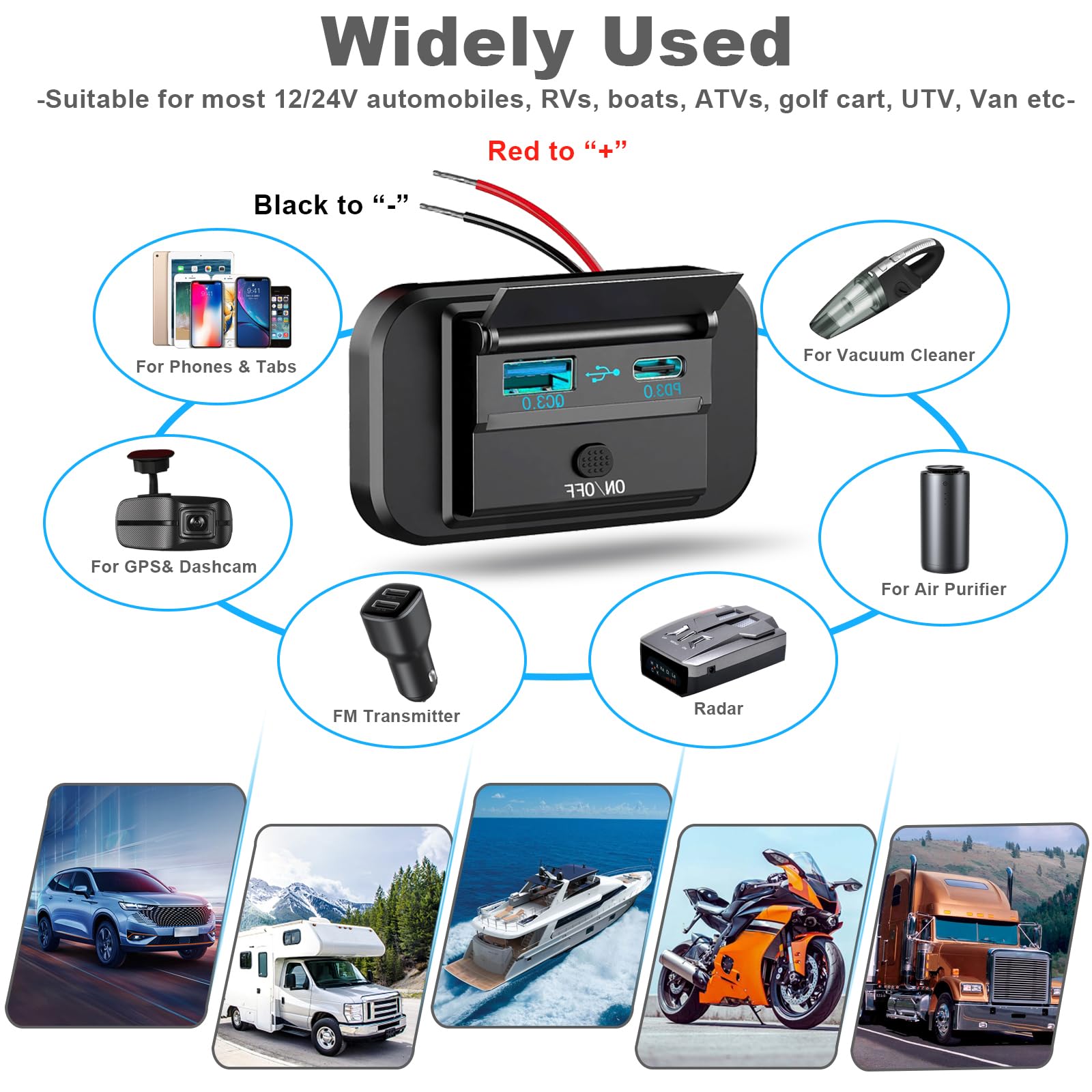 2PCS 12V RV USB Outlet with Power Switch, Vadaxx 54W Dual PD3.0 Type-C & Quick Charge QC3.0 USB-A Port Panel Wall Mount w. Cap,