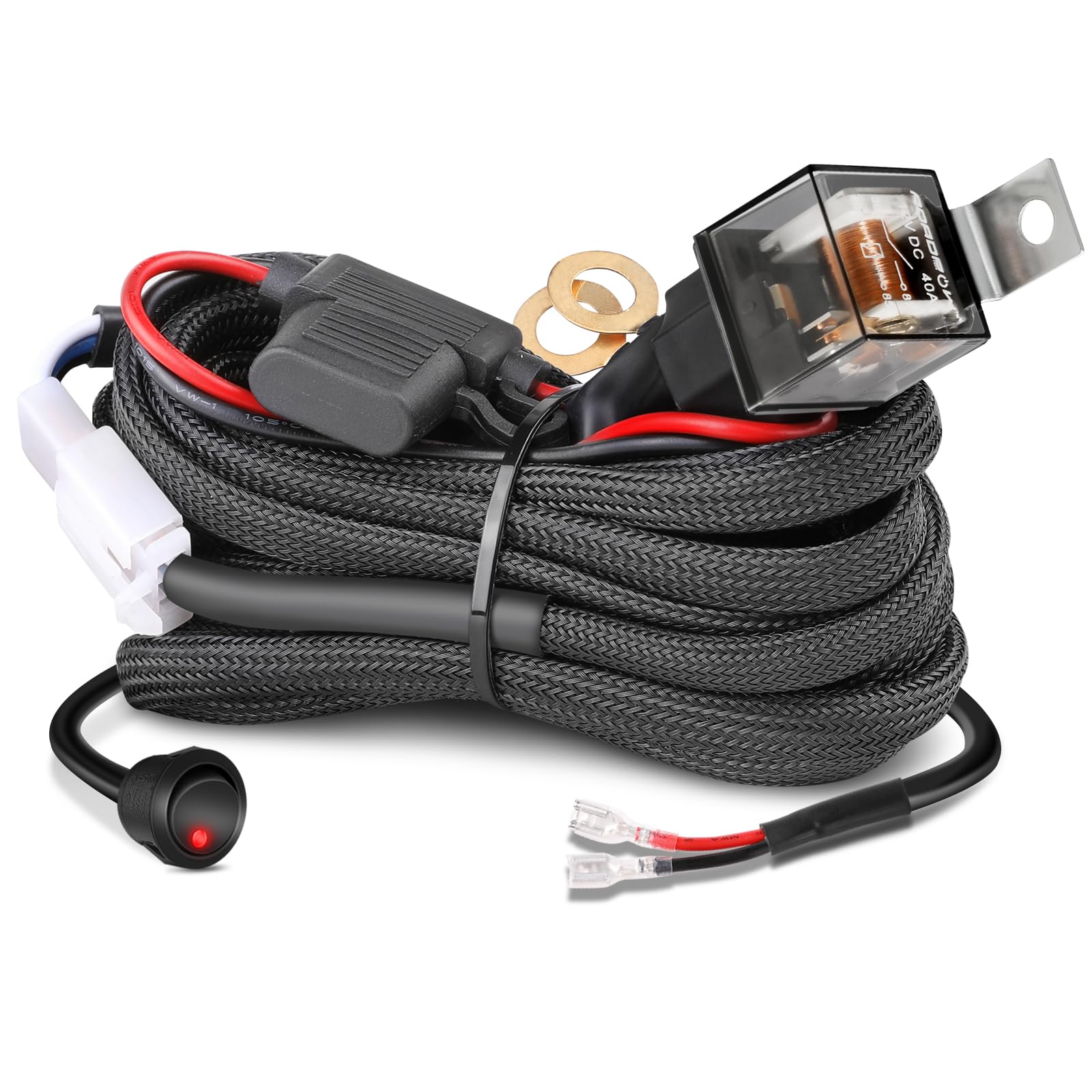 Wiring Harness Kit 12AWG 1 Lead, Nirider 12V Heavy Duty Rocker Switch Relay Fuse Nylon Wiring Harness for LED Light Bars Fog Lig