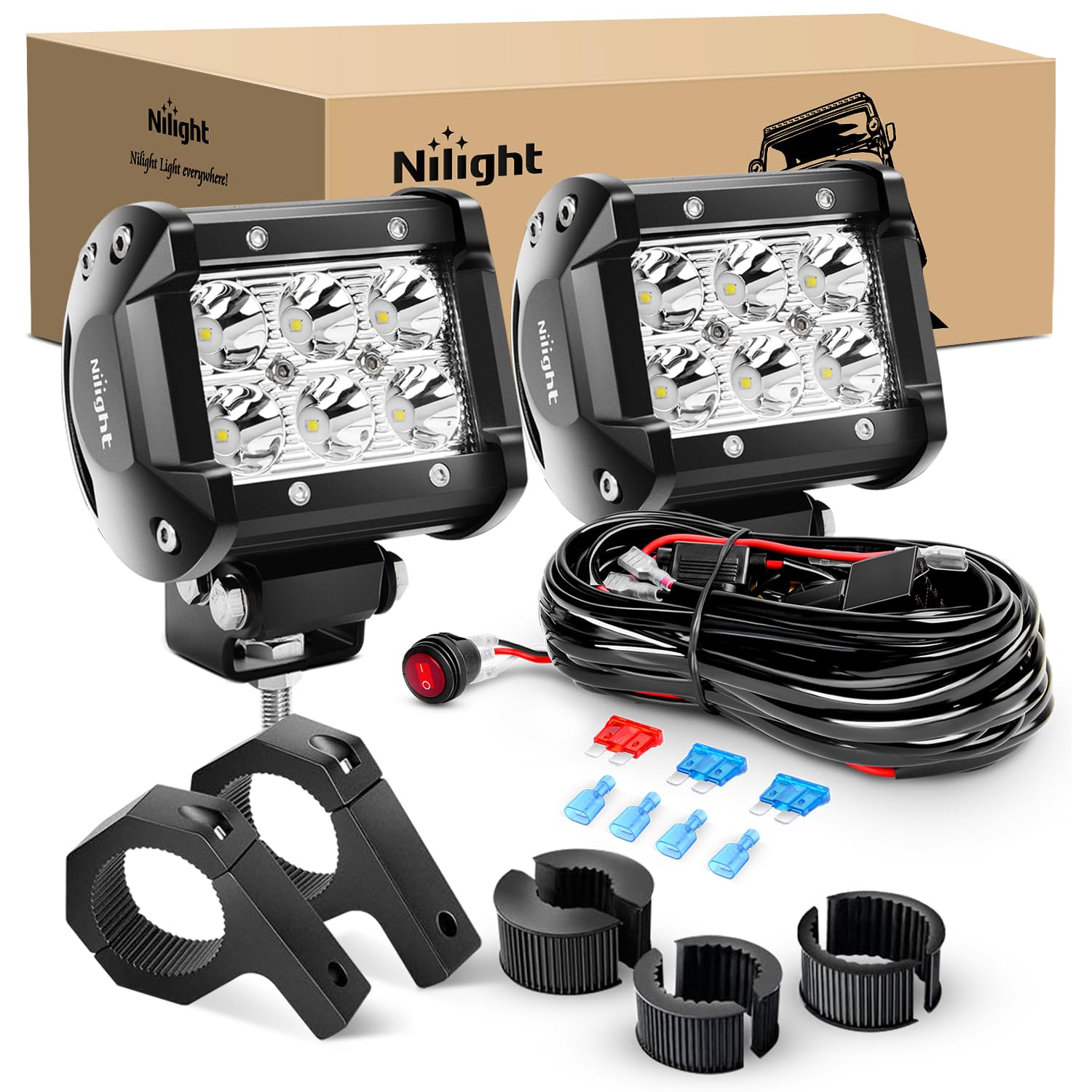 Nilight Zh059 2Pcs 4 Inch 18W Spot Led Light Mounting Bracket Horizontal Bar Tube Clamp With Off Road Wiring Harness-2 Leads