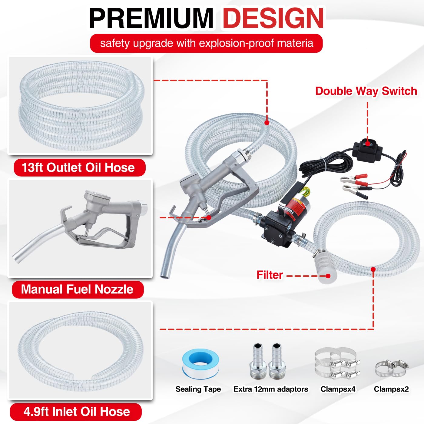 Topway 12V Dc Gasoline Fuel Pump Kit, Self-Priming Oil Transfer Pump With Handle, Reversible Pumping, Overheat Protection, Explo