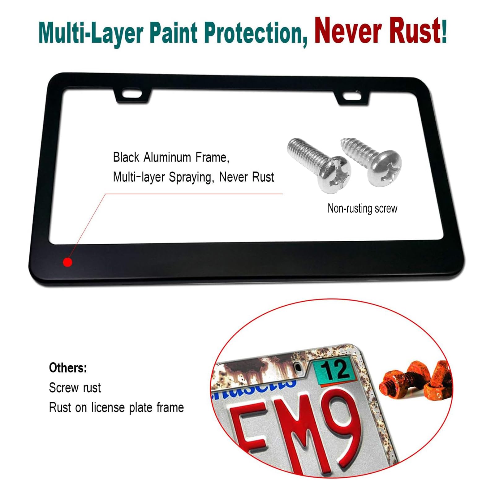 Aootf License Plate Frames- Matte Black Aluminum Car Tag Cover, 2 Pack Heavy Duty Front & Rear Holders For Women/Men, With Screw