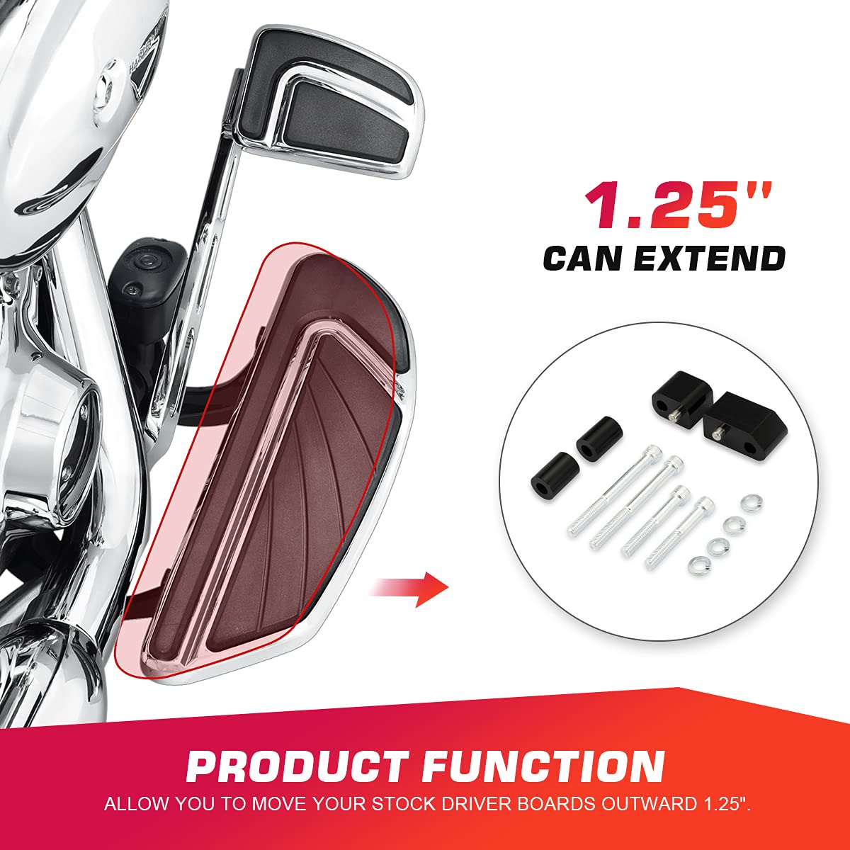 Mofun 1-1/4'' Street Glide Driver FloorBoard Outward Extension Spacer Kit Compatible with 2009-2023 Harley Touring Road King Ele