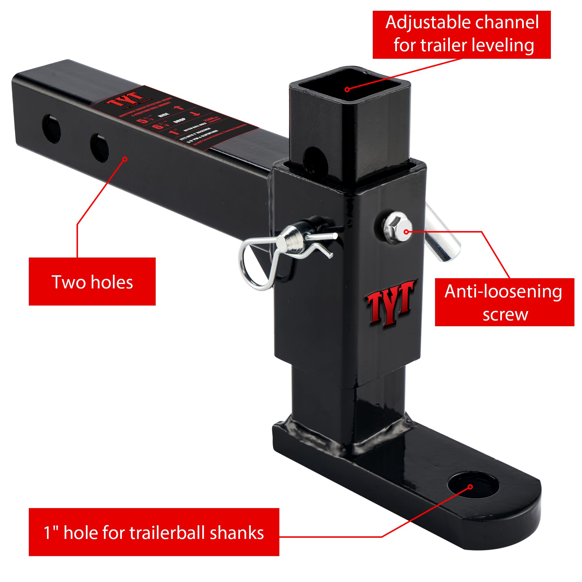 TYT Adjustable Trailer Hitch Ball Mount, 7500 lbs, 2-Inch Receiver, 5-1/2" Rise & 6-7/8" Drop, Alloy Steel, Black