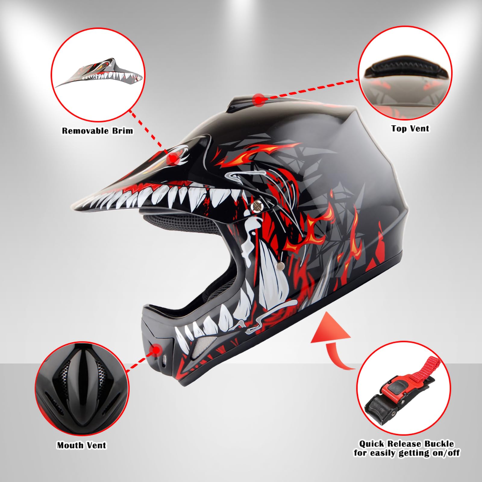 Wow Youth Kids Motocross Bmx Mx Atv Dirt Bike Helmet Dragon Dianasour Red + Goggles + Mg Youth Red Glove Bundle