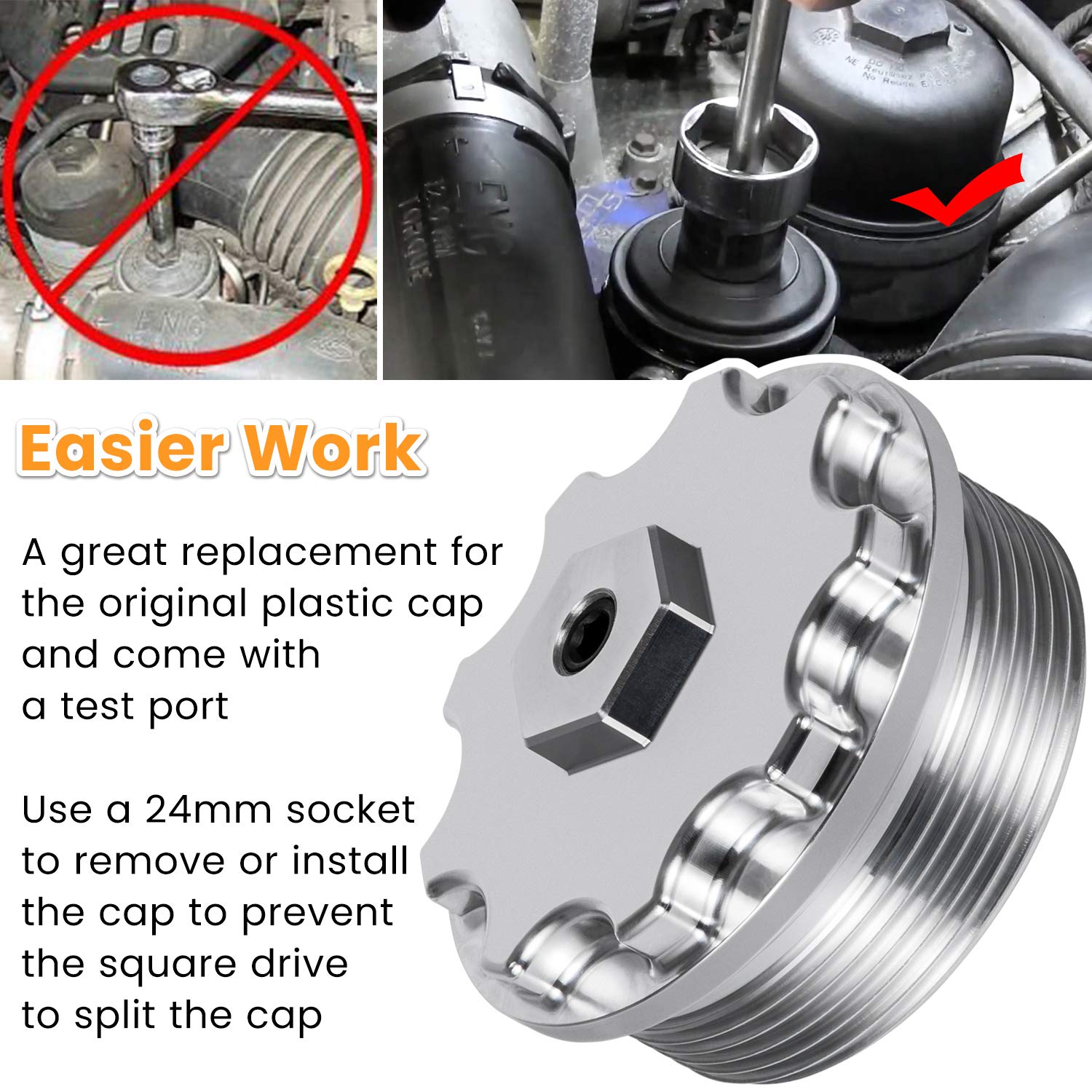 E-cowlboy Fuel Filter Cap for Ford Powerstroke 6.0L Diesel 2003-2007, Aluminum Silver, Model EC - Fuel-filter-cap-silver