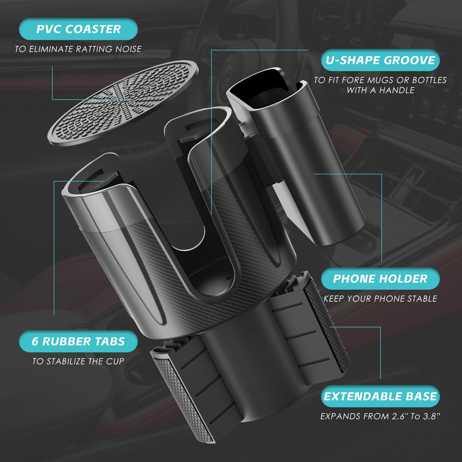 2-In-1-Car-Cup-Holder-Expander-Adapter With Phone Holder Adjustable Base Fits Most Cup Holder And Phones, Compatible For Hydrofl