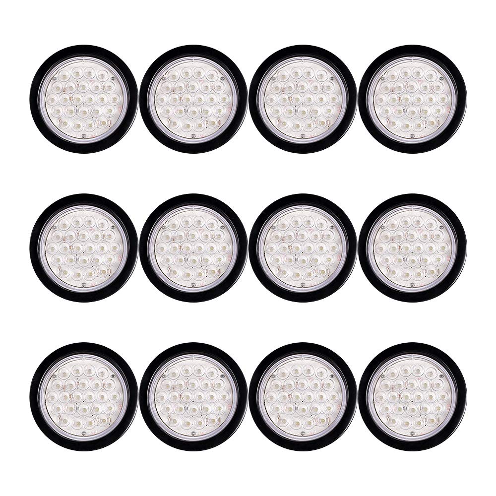 12pcs Clear Lens 4 Inch Round 24-LED WHITE Back Up Lamp Reverse Rear Parking Lamps Tail Lights w/Grommet Wiring Plug Compatible 