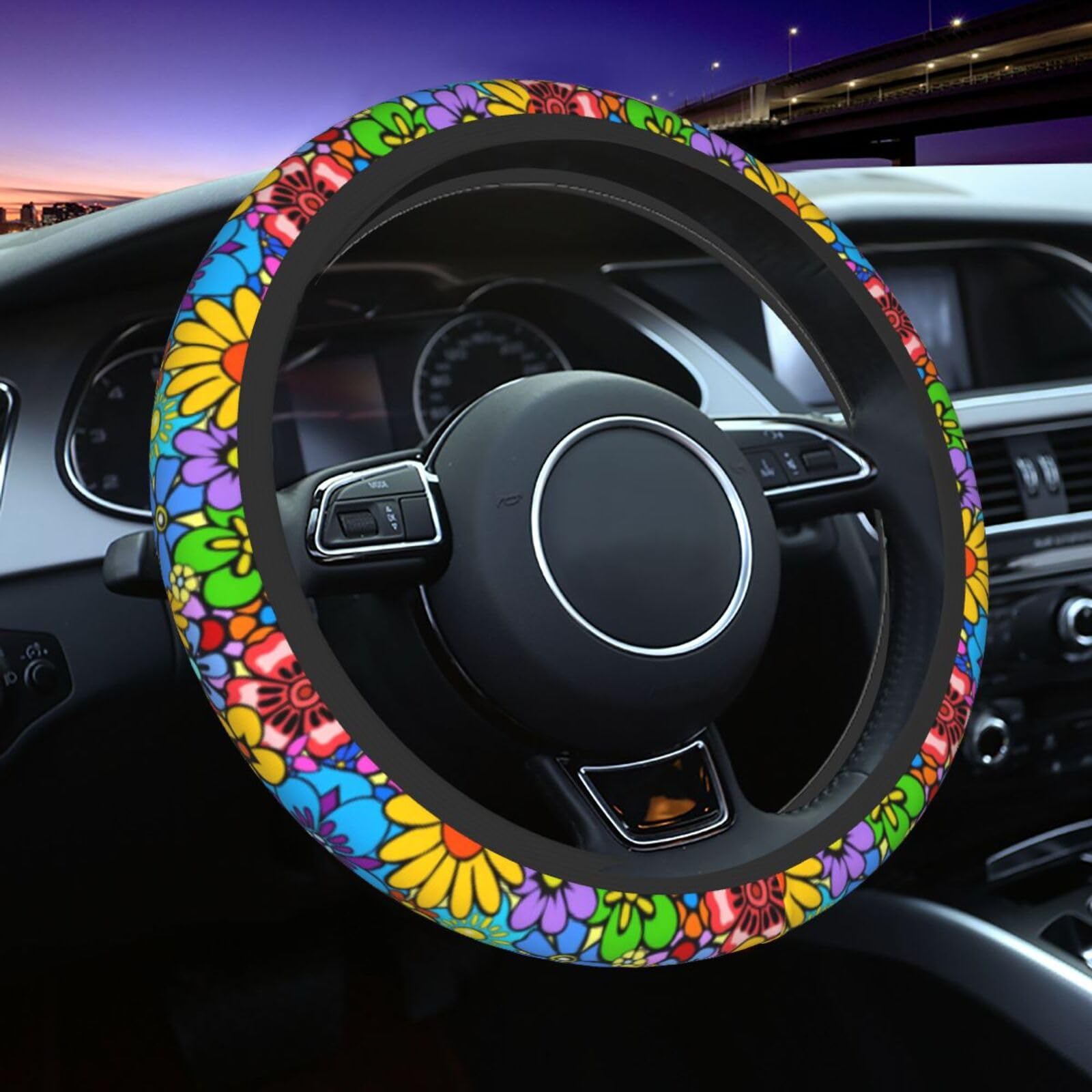 Hippie Flower Steering Wheel Cover Car Accessories Cute For Women Girls Girly Universal 15 Inch Neoprene Auto Interior Decor Ant