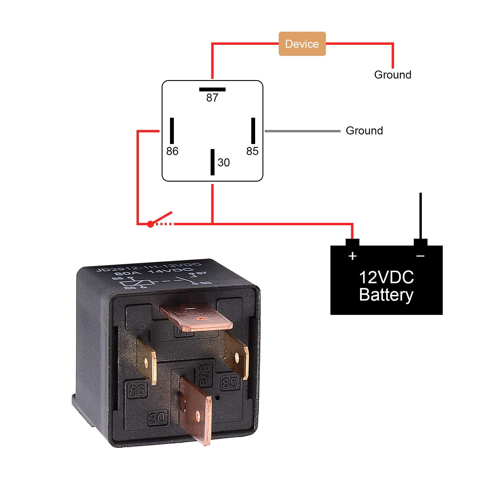 EHDIS 4-Pin 80A 12V SPST Relay with Harness, Automotive Relay Socket, 1 Pack, 4 Wire Connector
