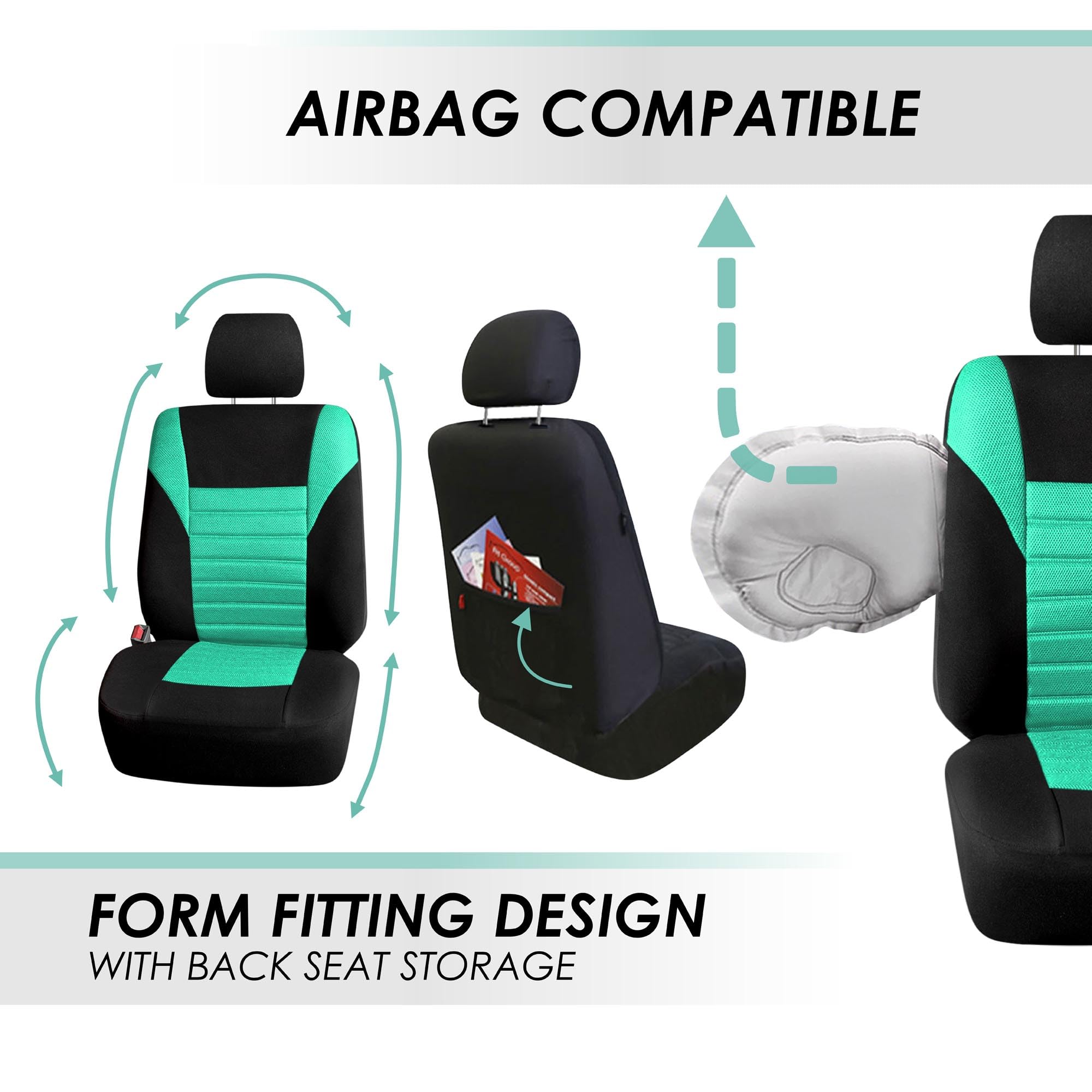Fh Group Front Set Premium Mint 3D Air Mesh Car Seat Covers For Low Back Car Seats With Removable Headrest, Universal Fit, Airba