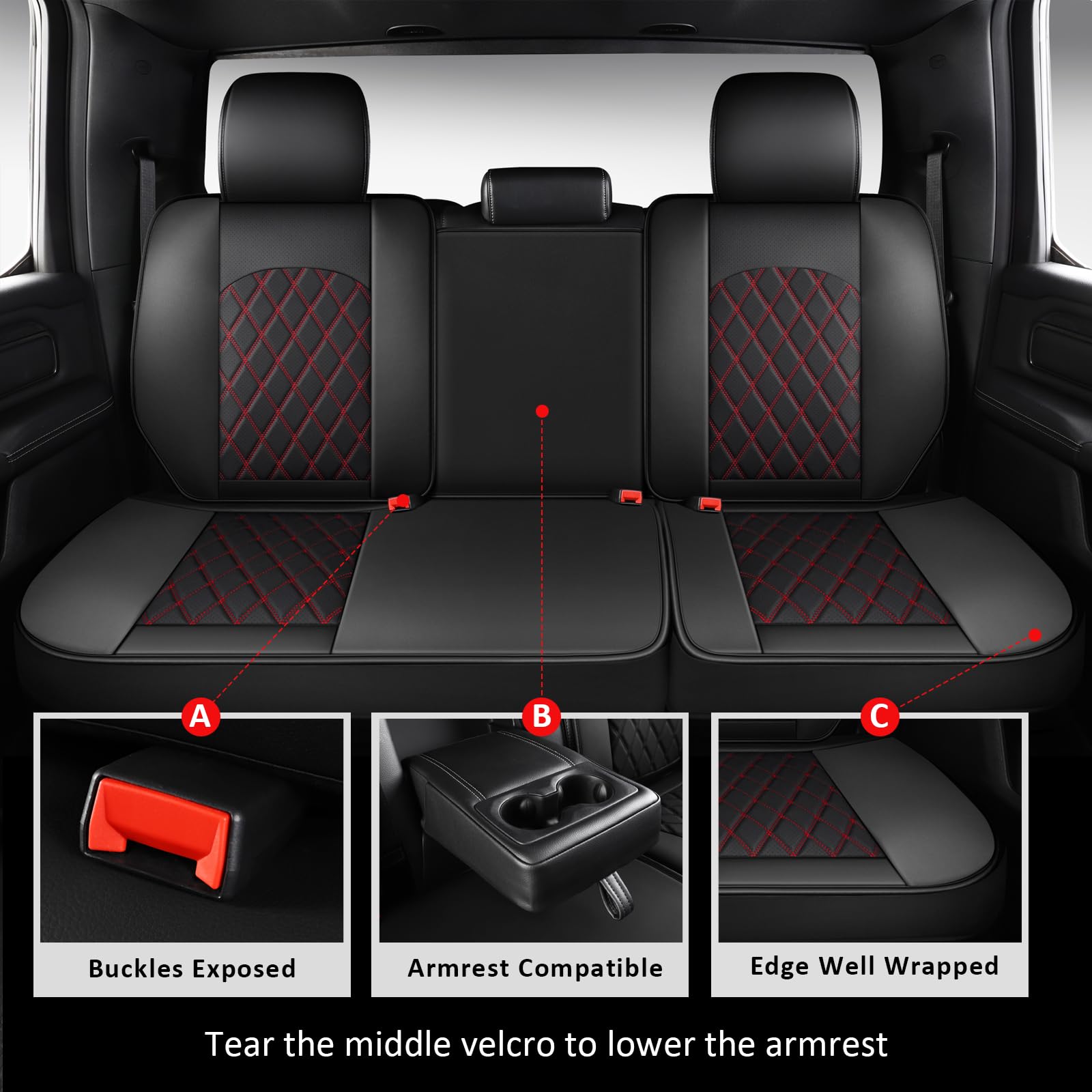 MIROZO Dodge Ram Seat Covers Full Set, Waterproof Leather, Black and Red, Fit 2009-2025 Ram 1500 2500 3500, Model 175204