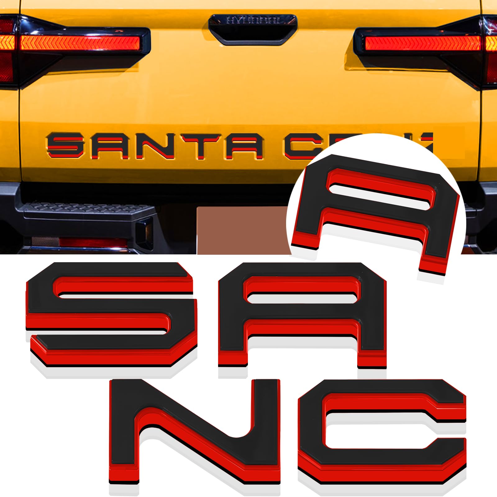 Tailgate Insert Letters Compatible For 2022 2023 2024 Santa Cruz 4D Raised Tailgate Decal Letters (Double Layer Red Edge Black F