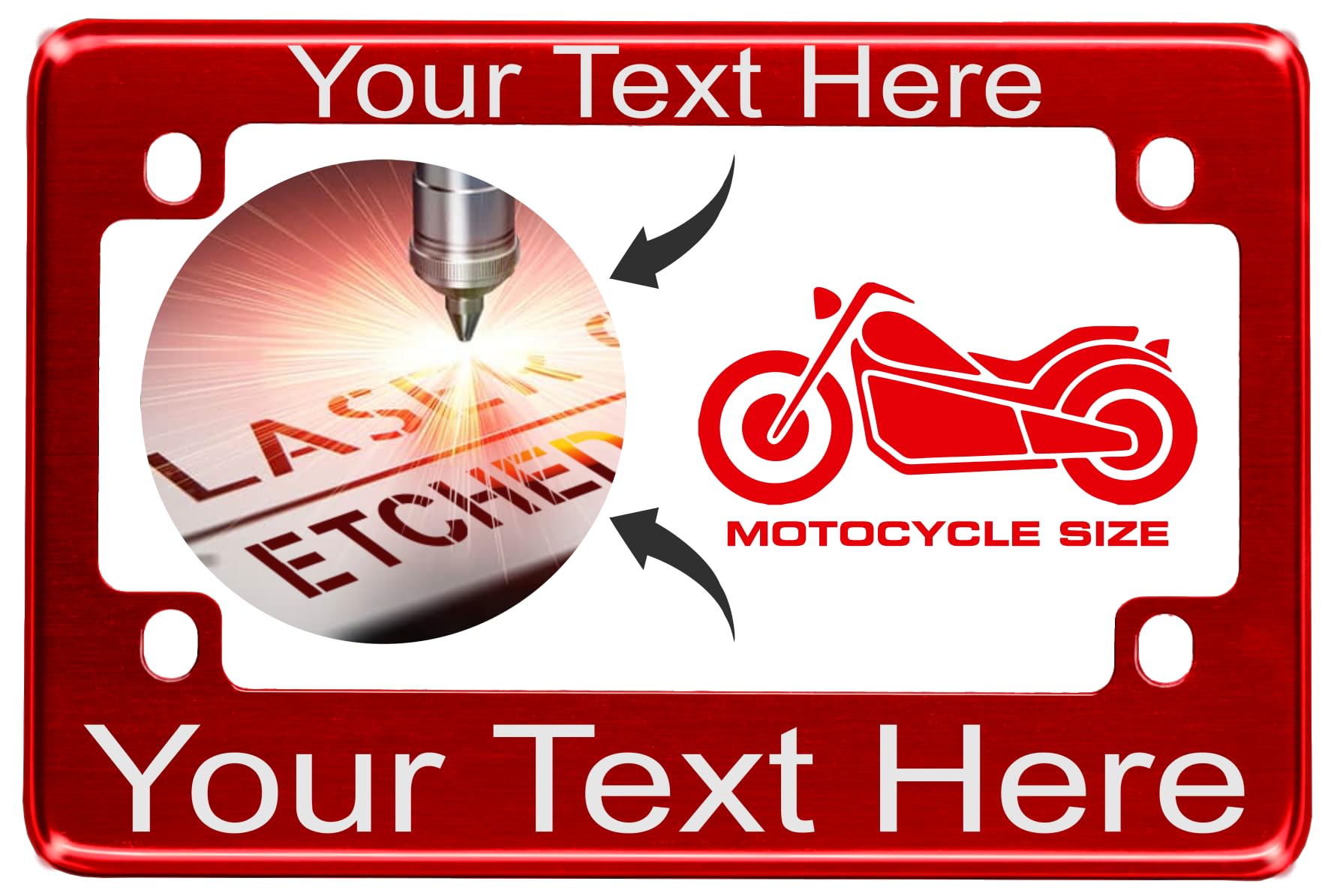 Motorcycle Personalized With Custom Text Design - Anodized Aluminum Laser Etched Standard Size License Plate Frame - Red