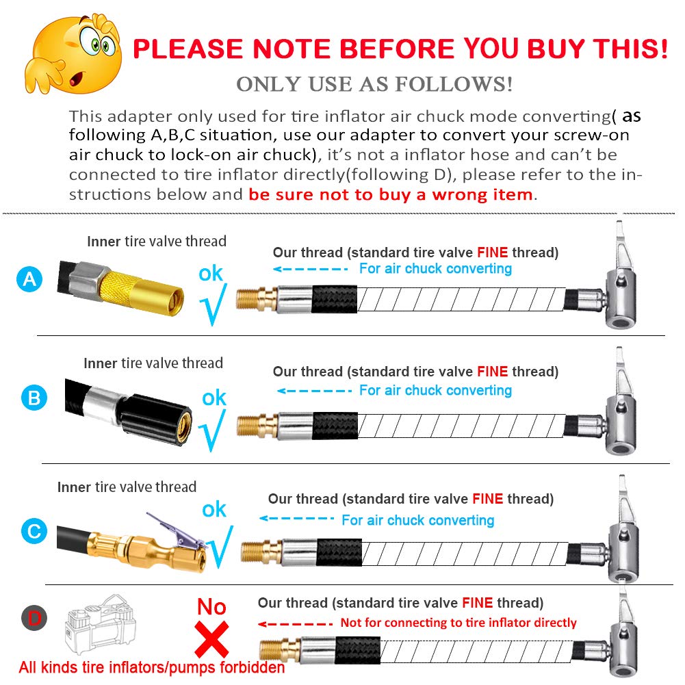 Lumiteco Tire Inflator Hose Adapter For Twist On Convert To Lock On Connection, With All Metal Lock On Air Chuck And Air Hose An