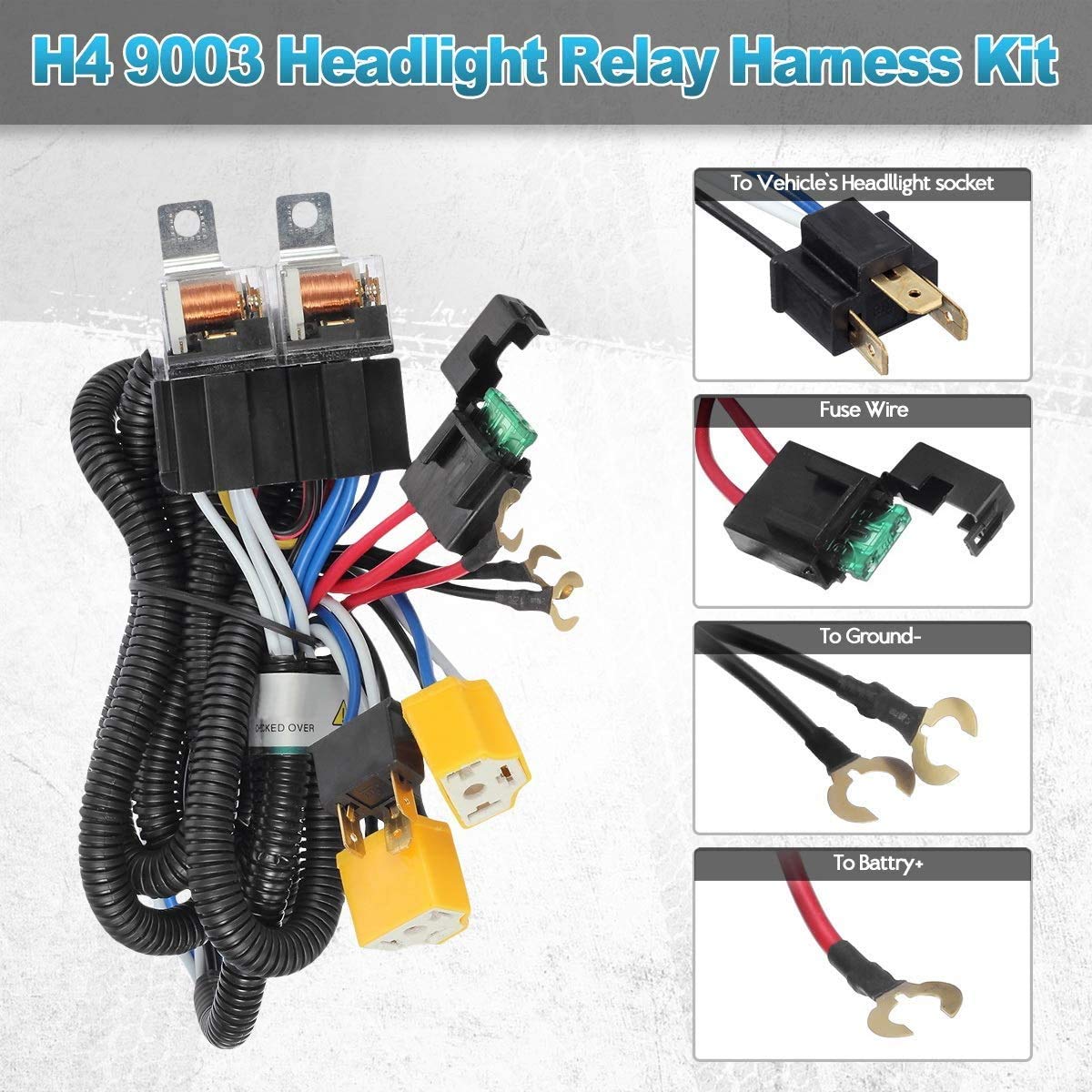 Partsam H4 Headlight Relay Harness Kit for 7x6 5x7 H6054 Headlights - Ceramic, Fixes Dual Ground Problem, Compatible with Pickup 88-95, Tacoma