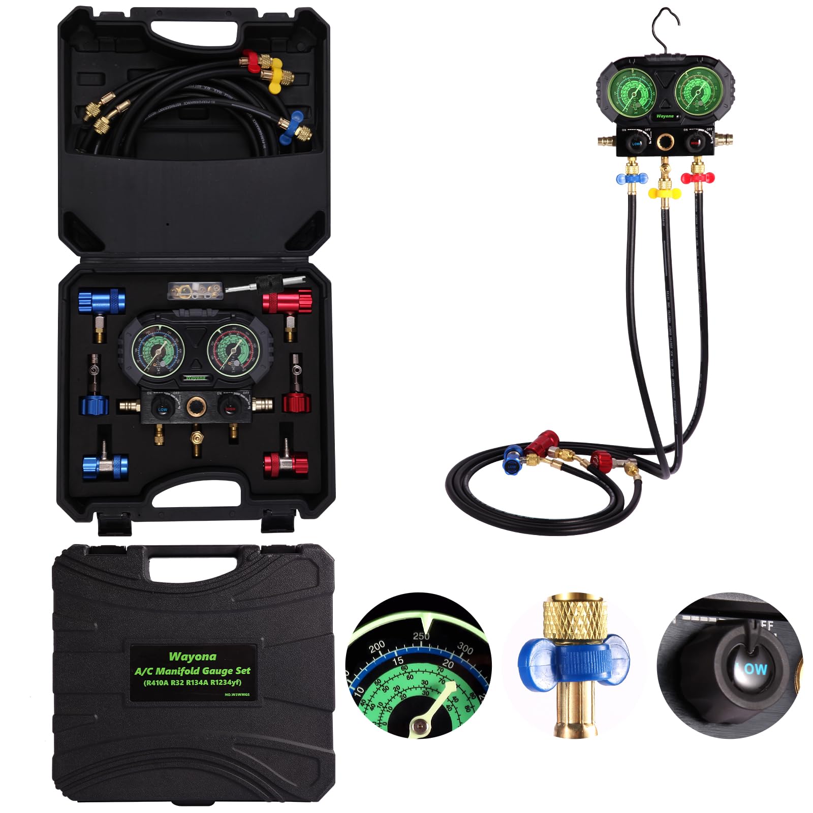 Wayona R1234yf R134a AC Manifold Gauge Set with Glow Dial, 3 Way HVAC Gauge Kit with Memory Couplers and Can Taps, Automotive Fr